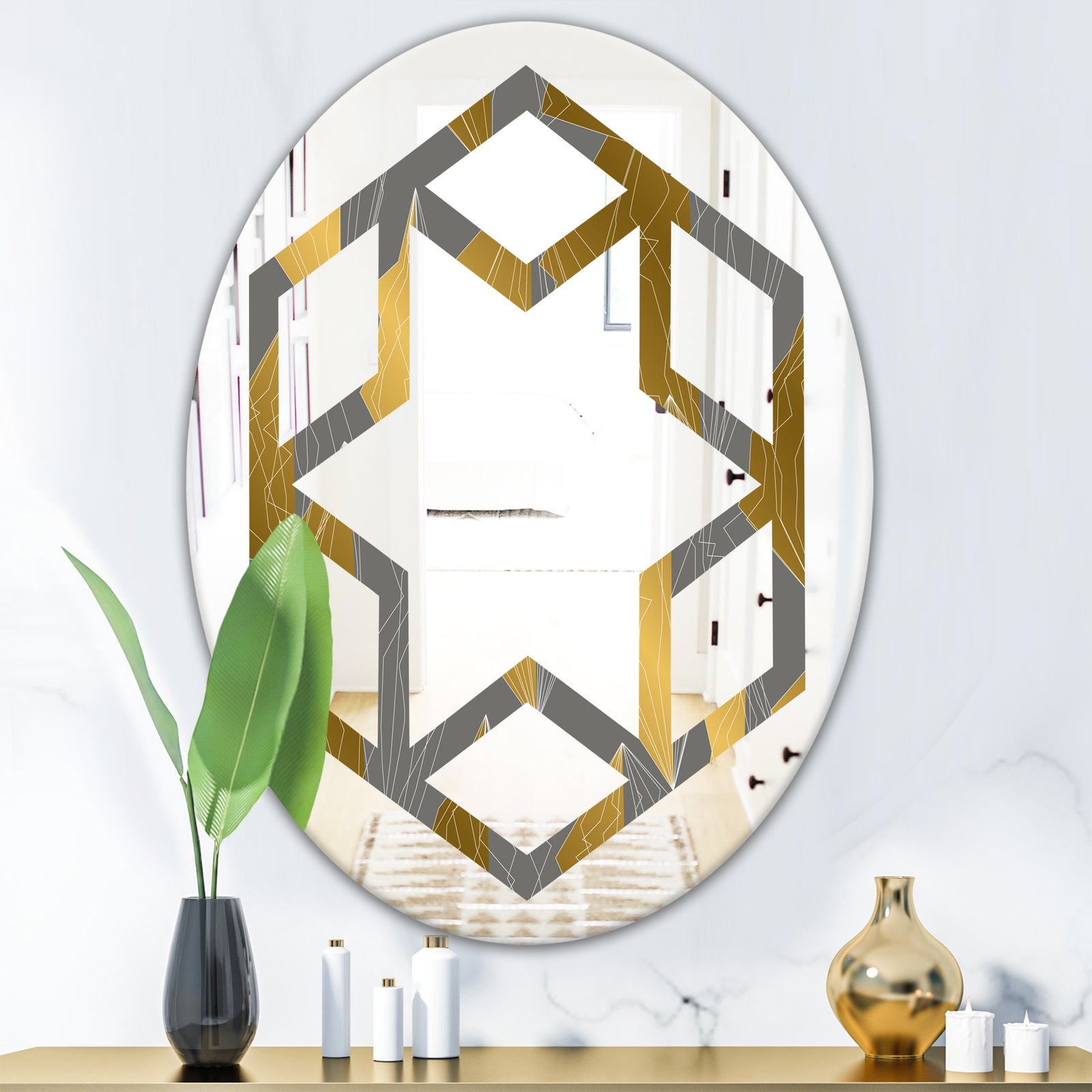 Golden Polygon Pattern - Modern Round or Oval Wall Mirror - Hexagon Star
