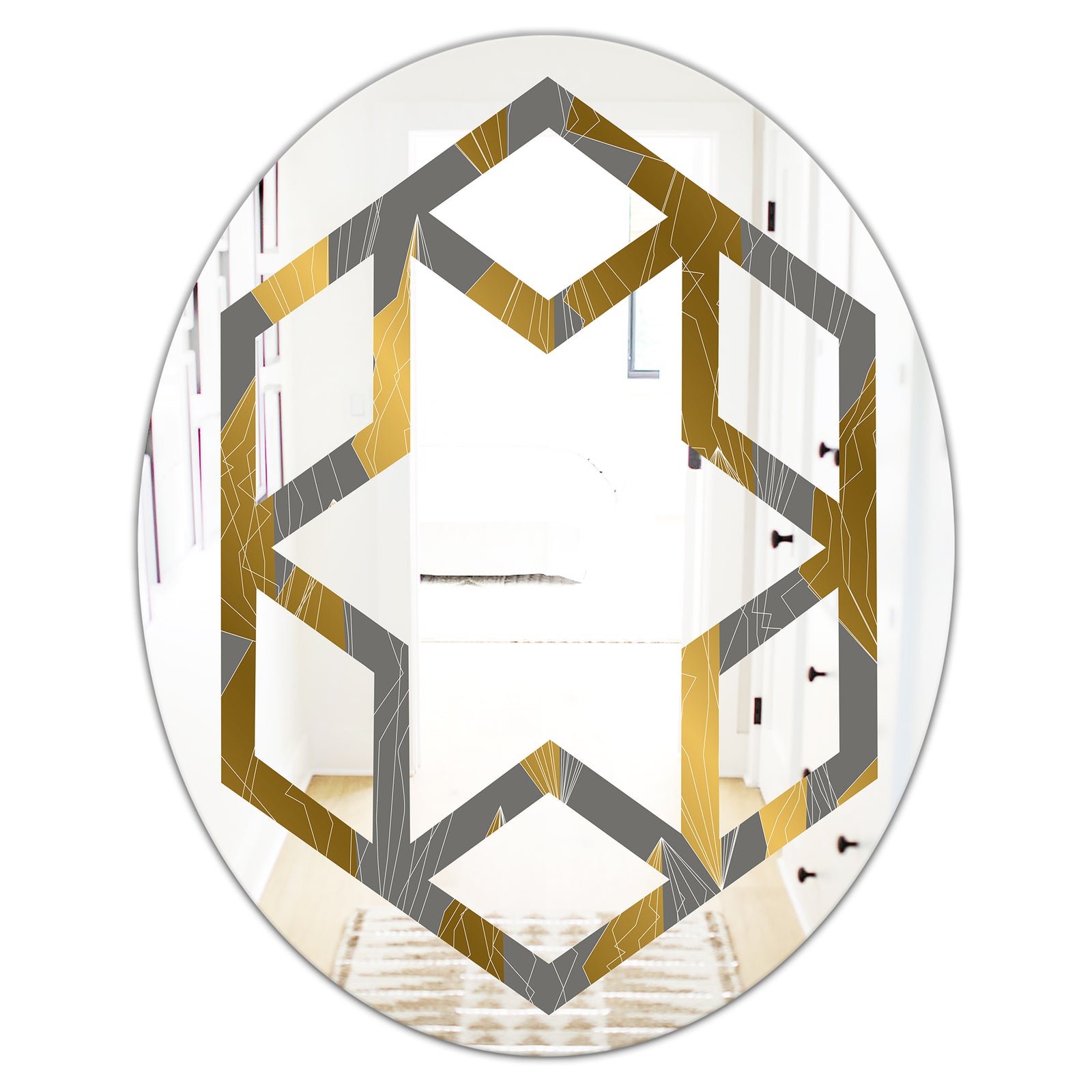 Golden Polygon Pattern - Modern Round or Oval Wall Mirror - Hexagon Star