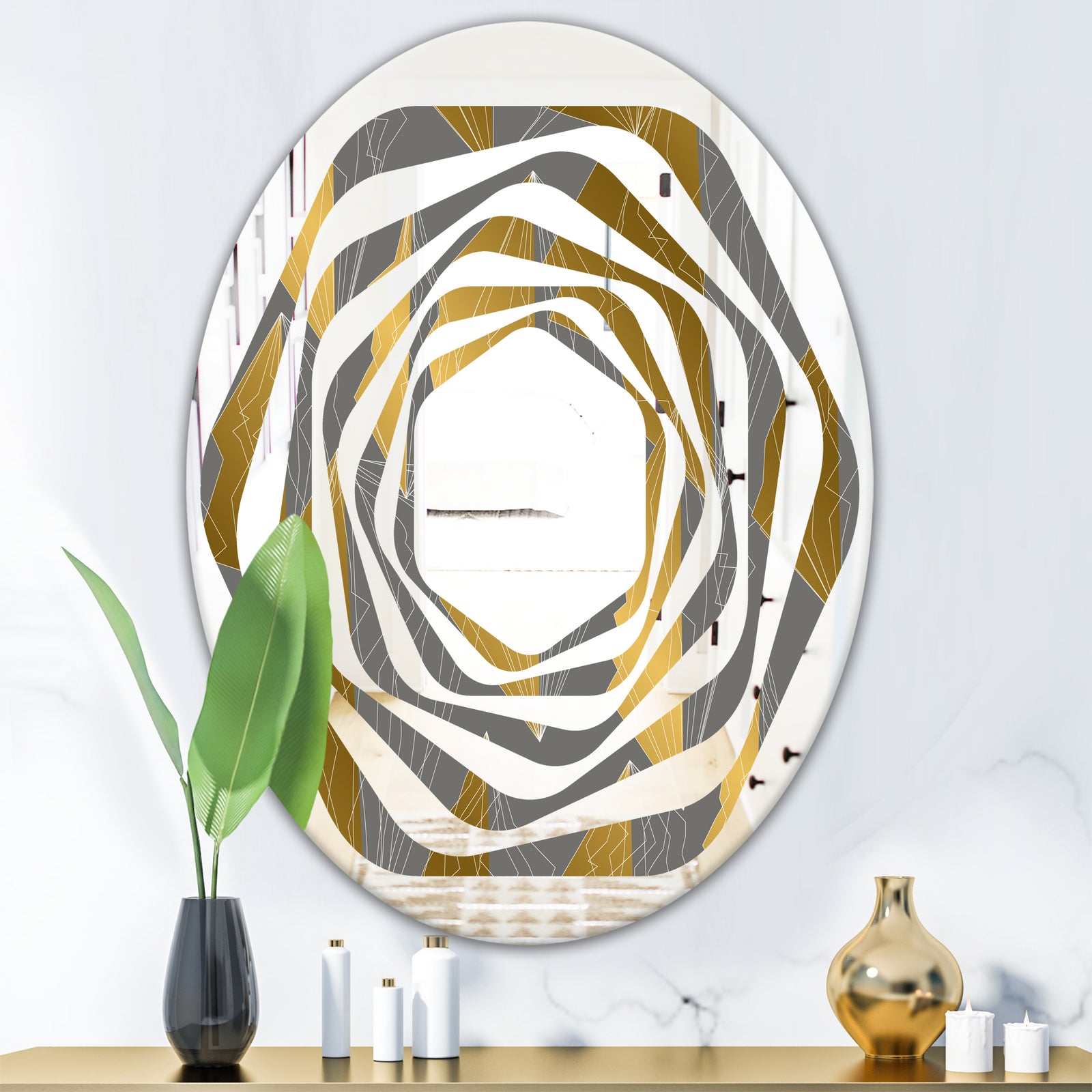 Golden Polygon Pattern - Modern Round or Oval Wall Mirror - Whirl