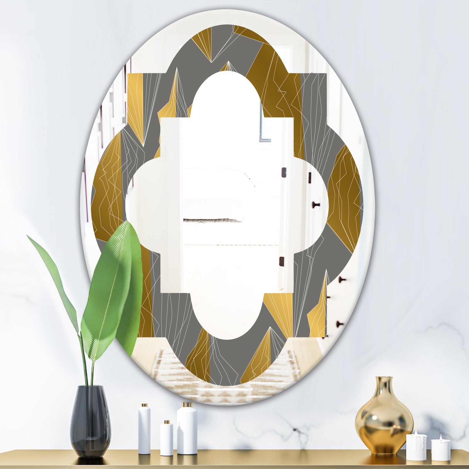 Golden Polygon Pattern - Modern Round or Oval Wall Mirror - Quatrefoil