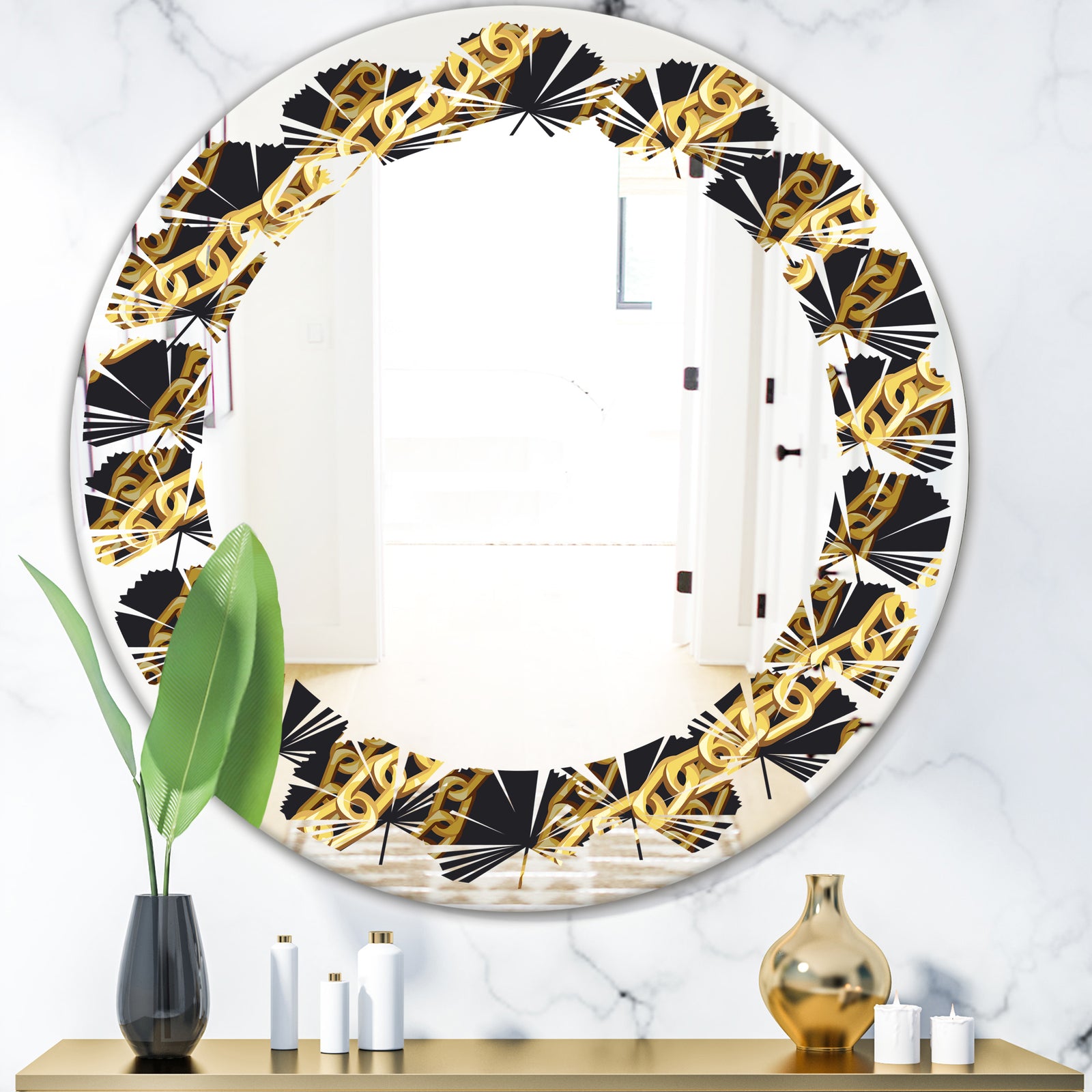 Golden ZigZag Chain - Modern Round or Oval Wall Mirror - Leaves
