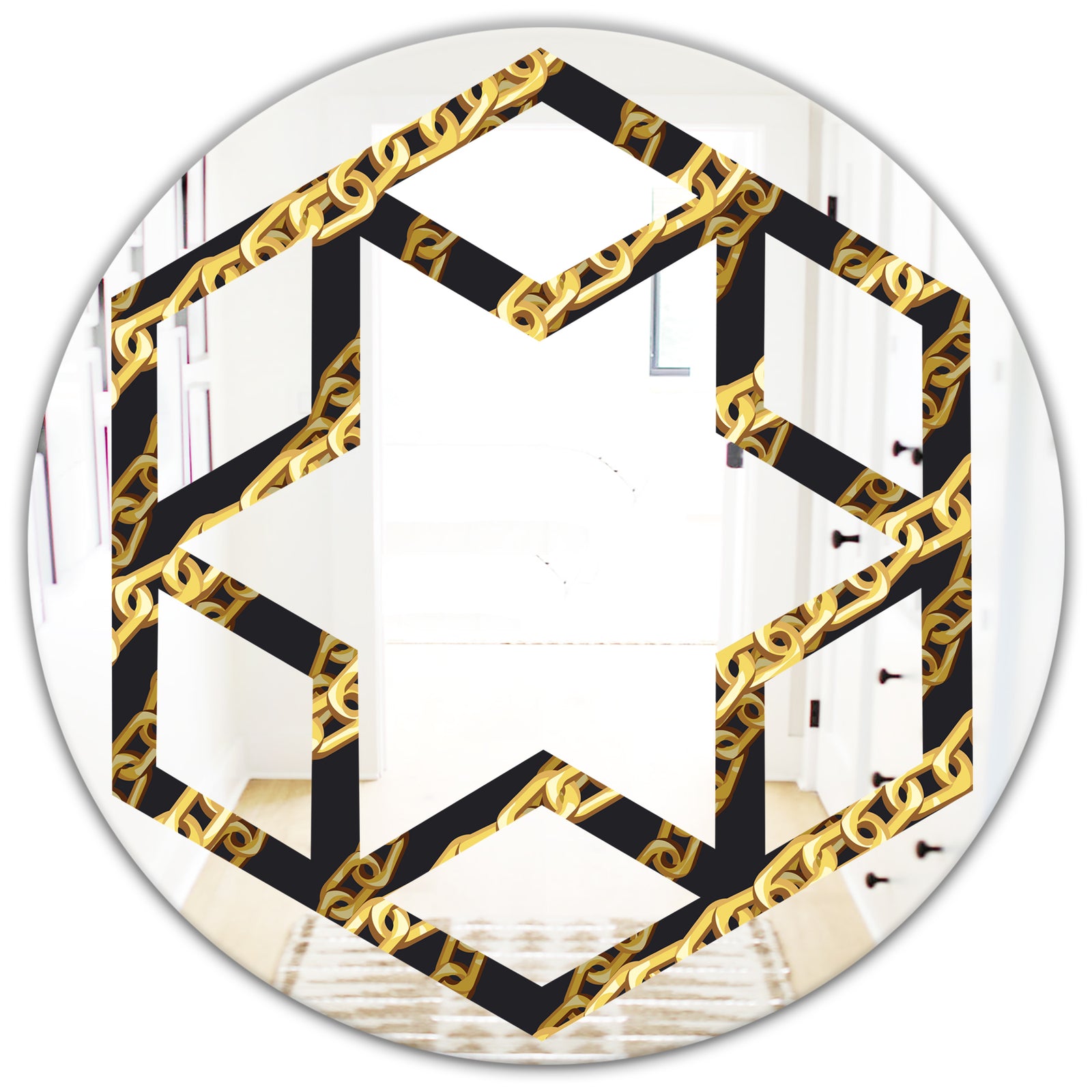 Golden ZigZag Chain - Modern Round or Oval Wall Mirror - Hexagon Star