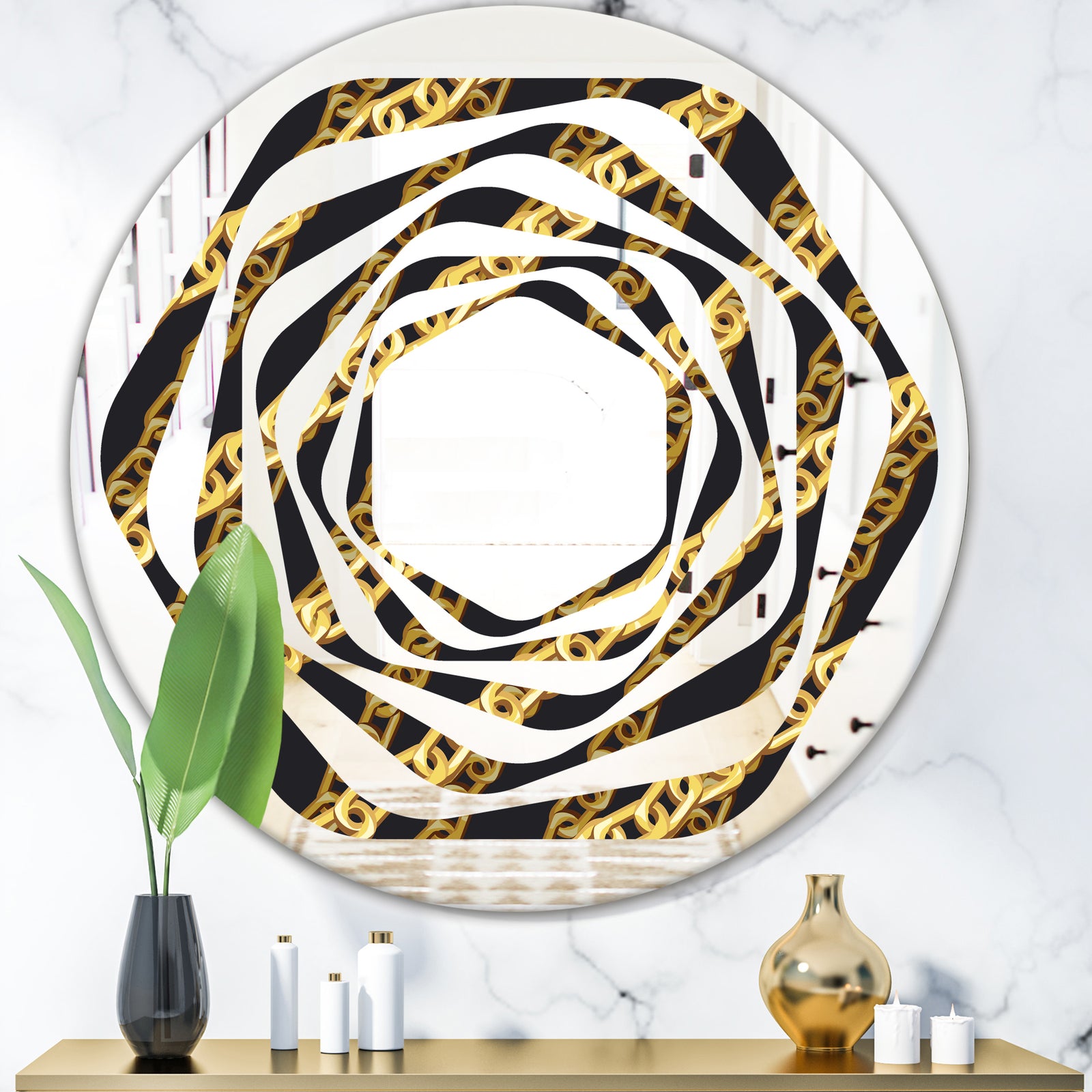 Golden ZigZag Chain - Modern Round or Oval Wall Mirror - Whirl