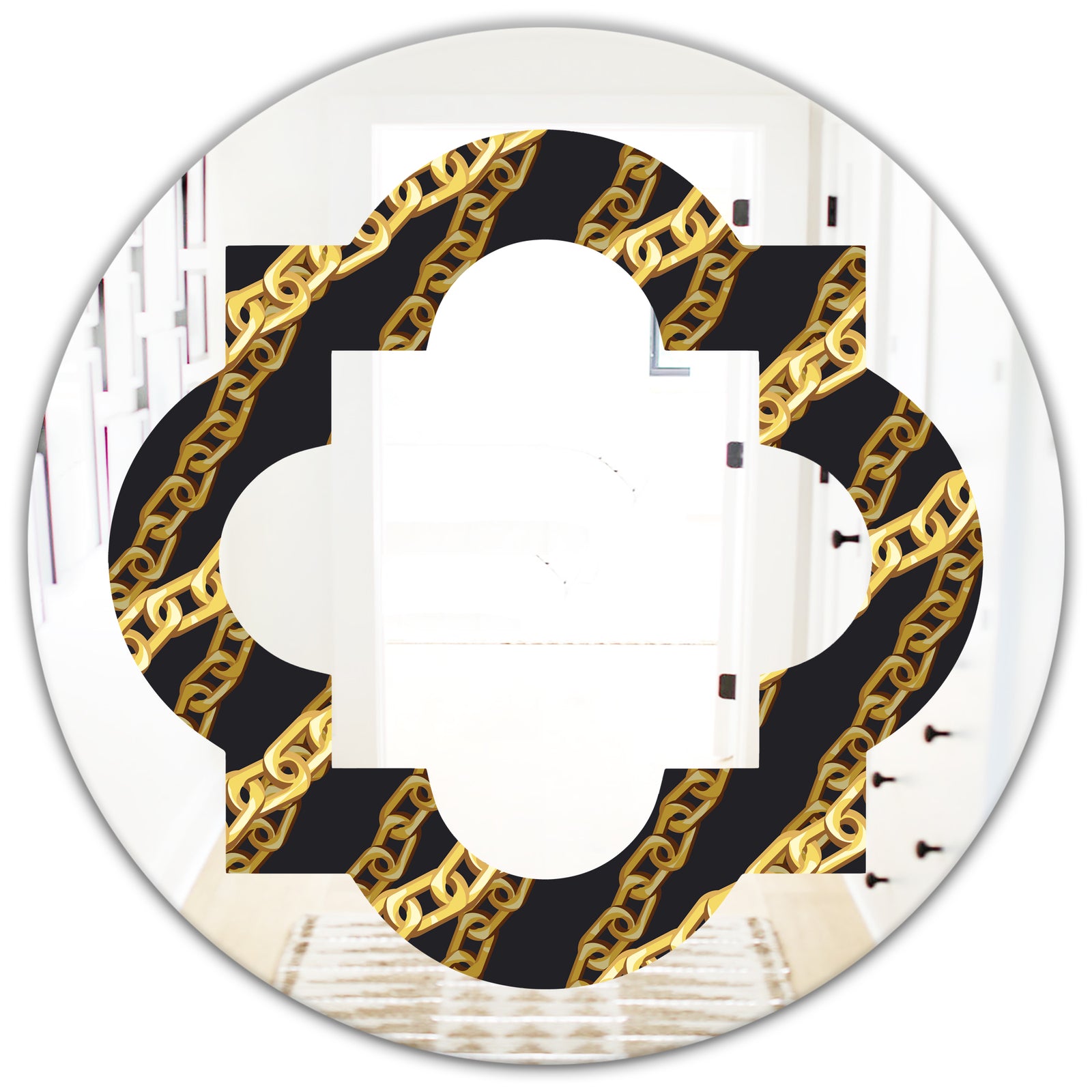 Golden ZigZag Chain - Modern Round or Oval Wall Mirror - Quatrefoil