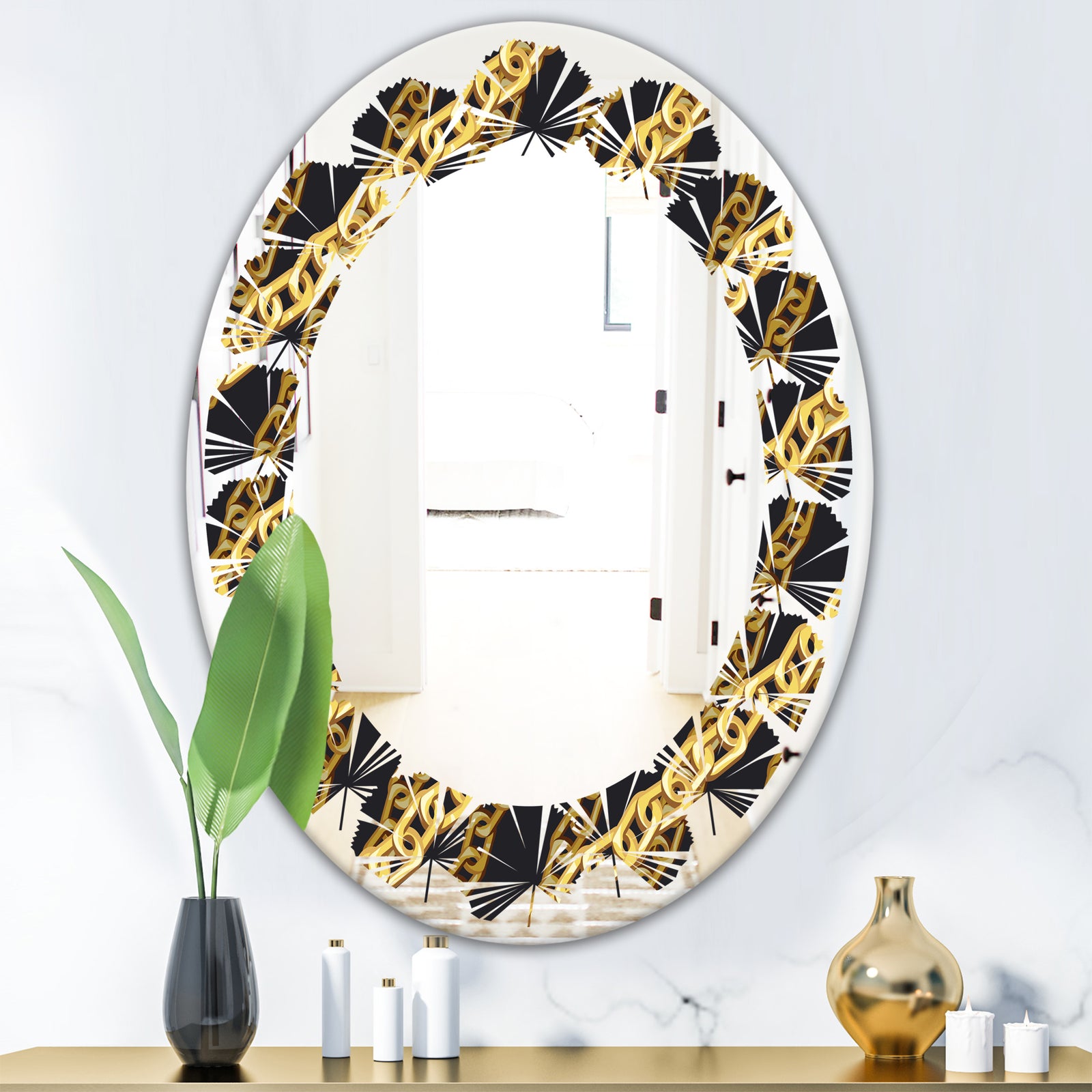 Golden ZigZag Chain - Modern Round or Oval Wall Mirror - Leaves