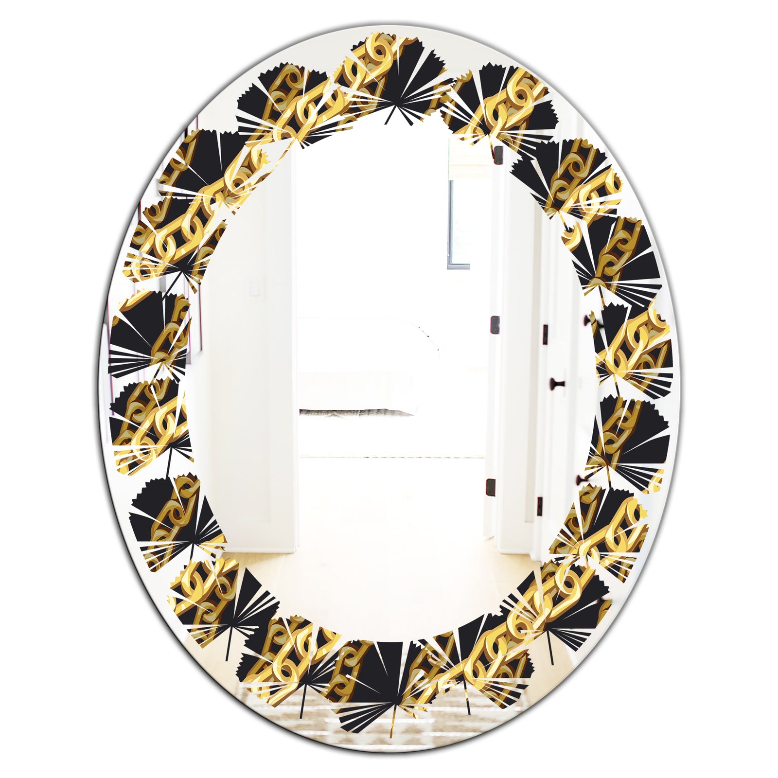 Golden ZigZag Chain - Modern Round or Oval Wall Mirror - Leaves