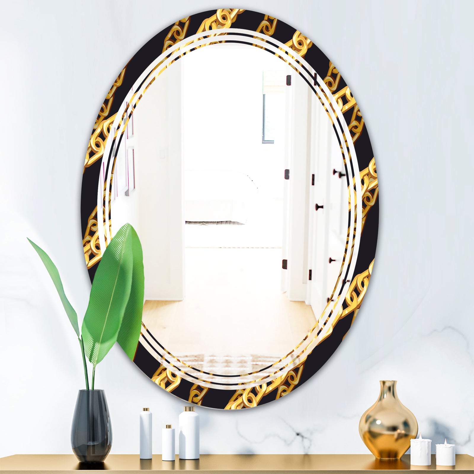 Golden ZigZag Chain - Modern Round or Oval Wall Mirror - Triple C