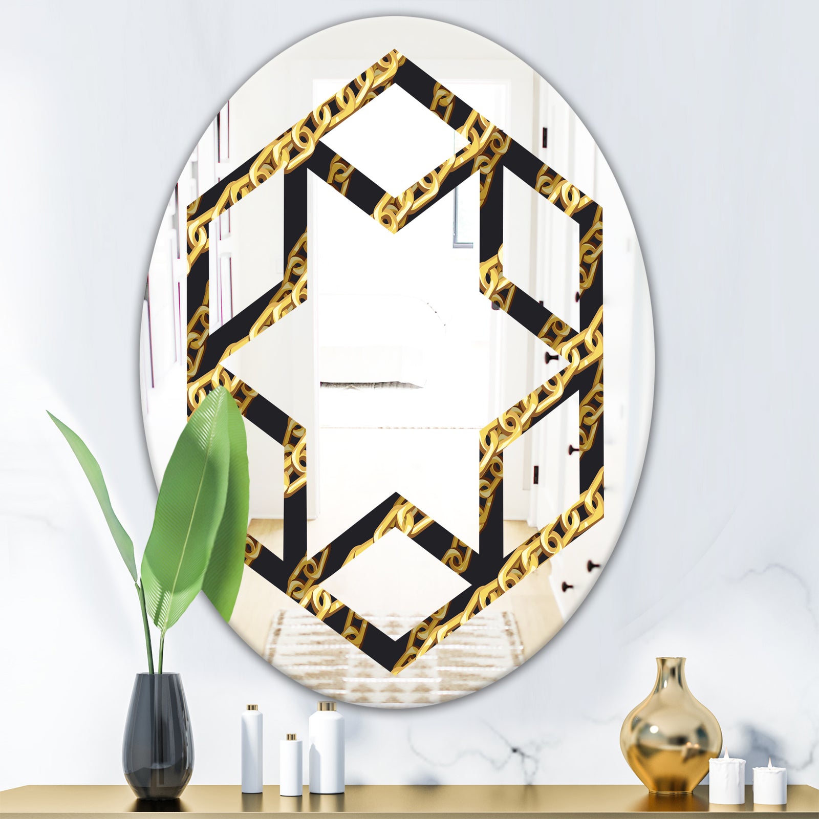 Golden ZigZag Chain - Modern Round or Oval Wall Mirror - Hexagon Star