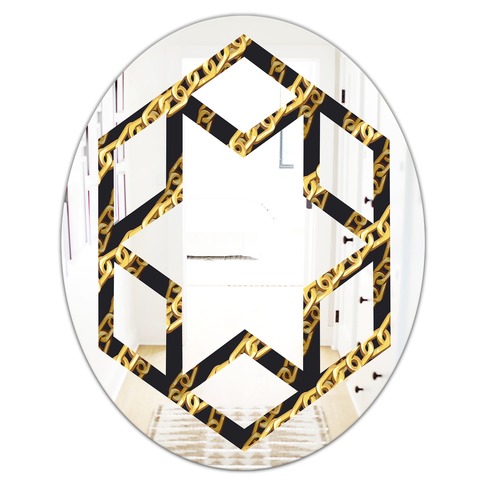 Golden ZigZag Chain - Modern Round or Oval Wall Mirror - Hexagon Star