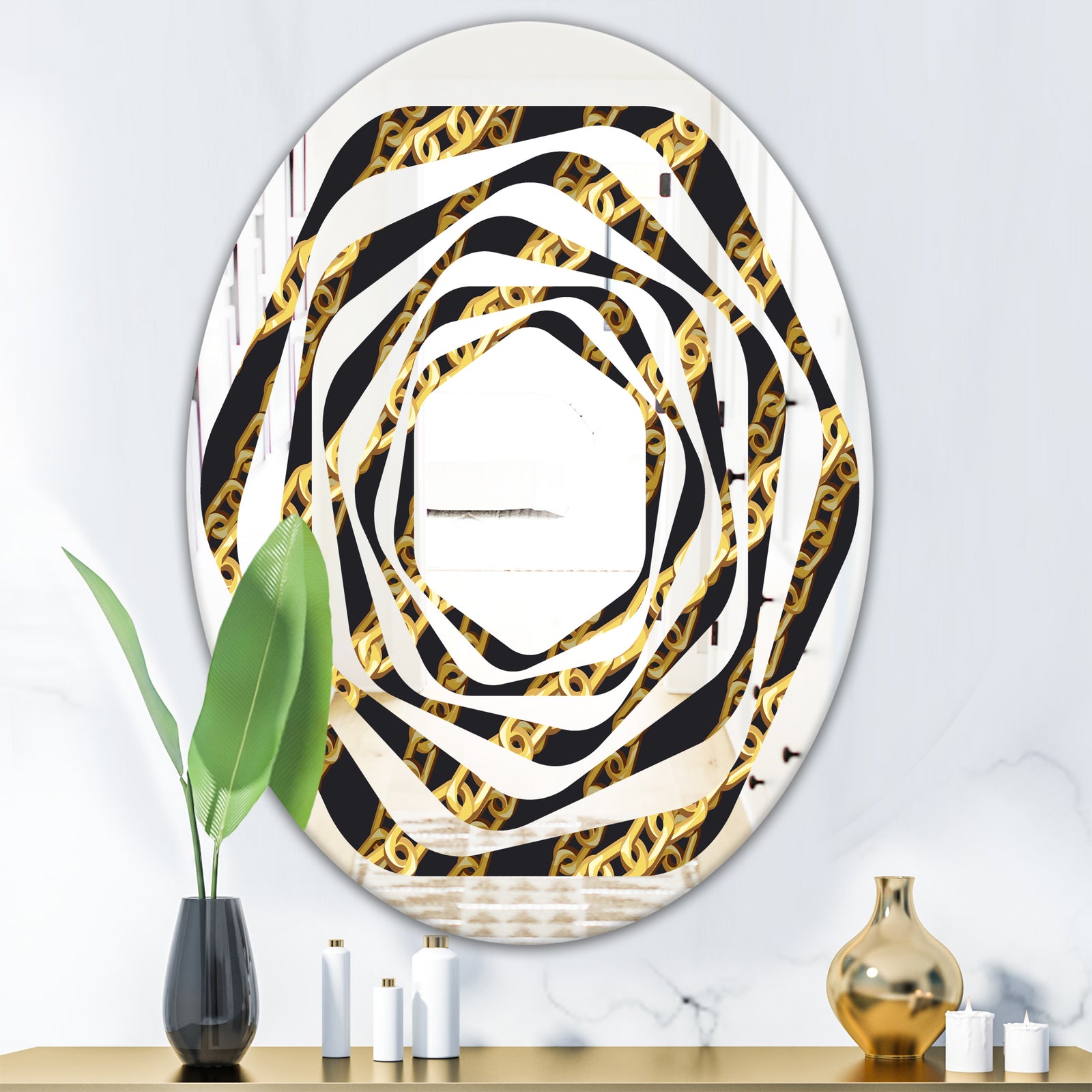 Golden ZigZag Chain - Modern Round or Oval Wall Mirror - Whirl