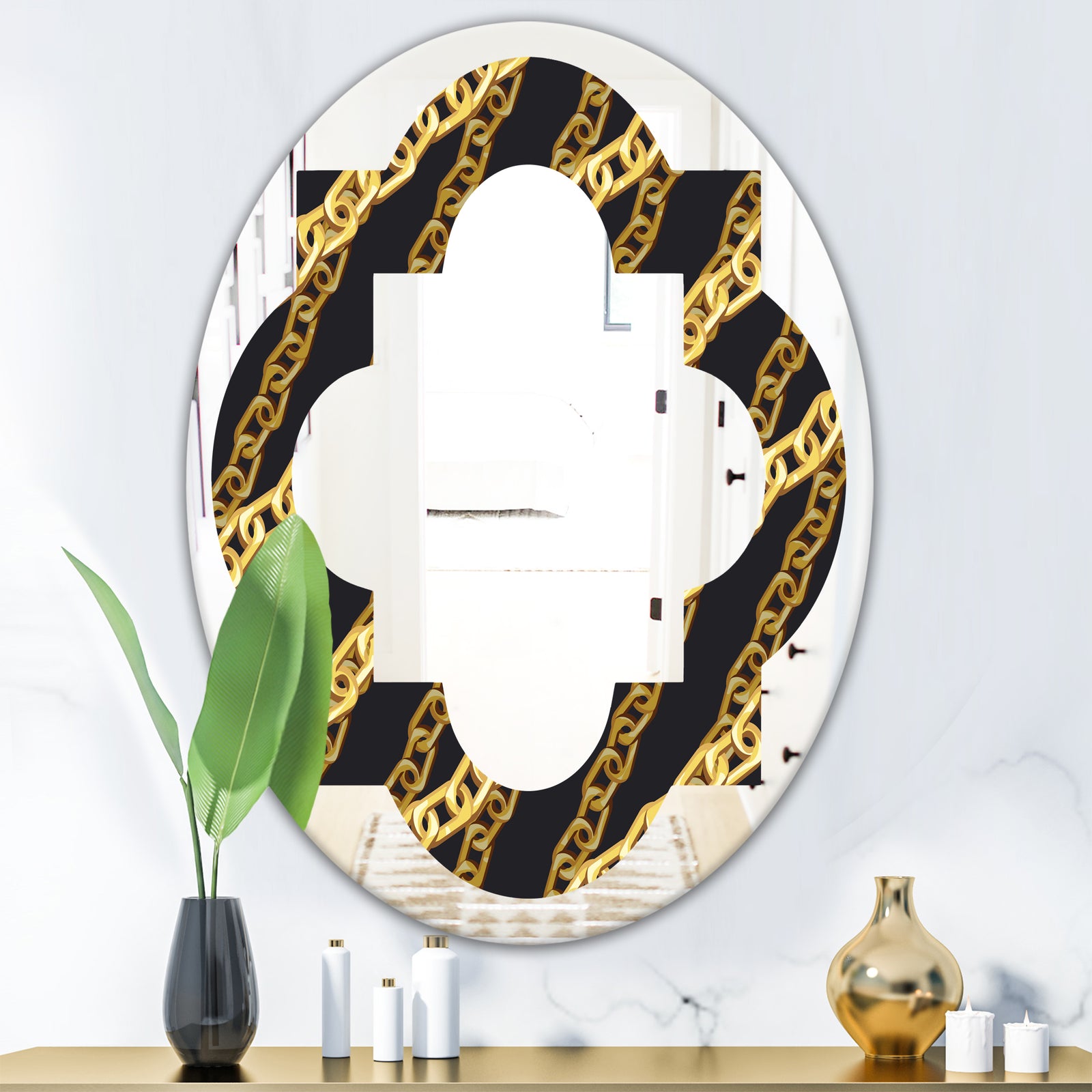 Golden ZigZag Chain - Modern Round or Oval Wall Mirror - Quatrefoil