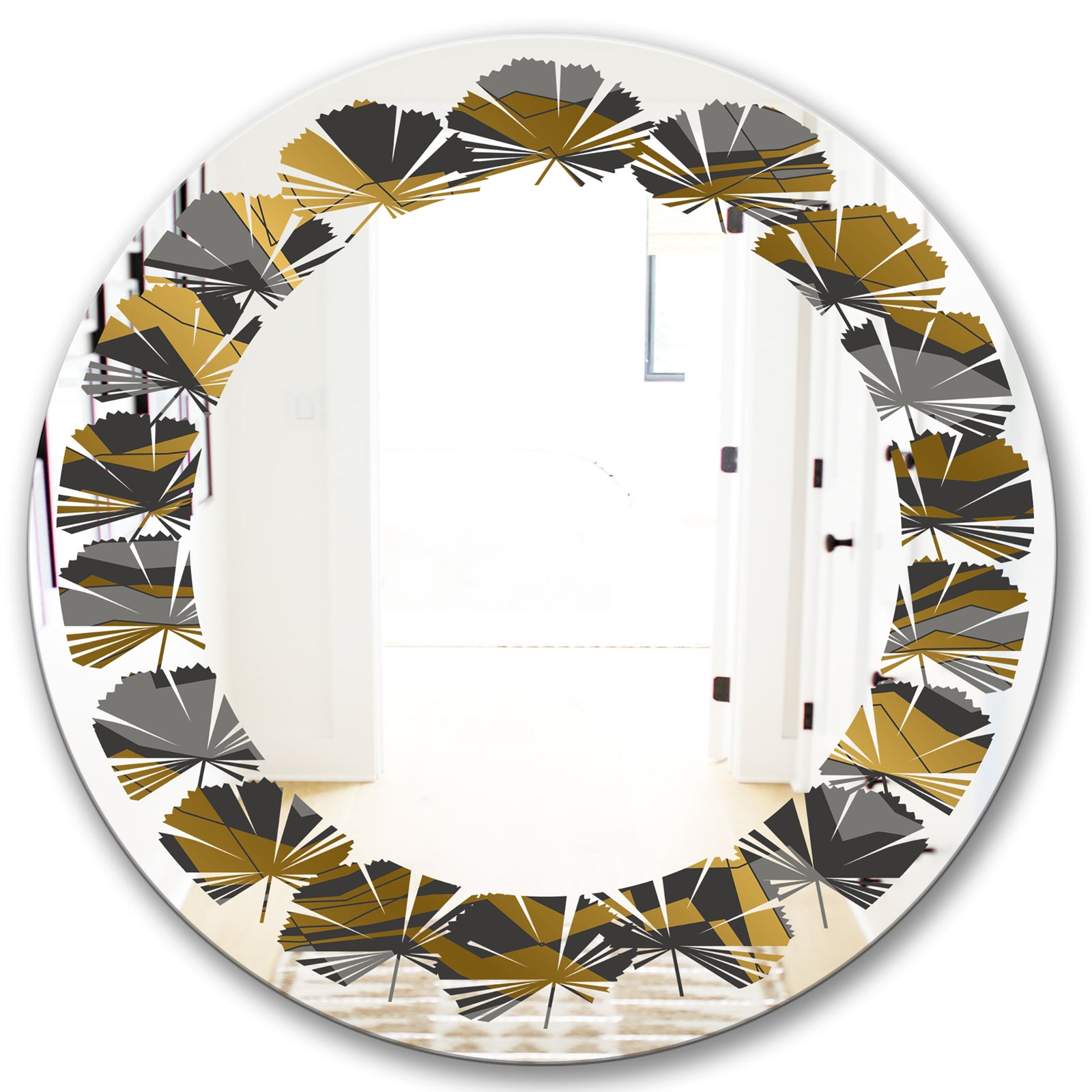 Angled lines and waves pattern - Modern Round or Oval Wall Mirror - Leaves