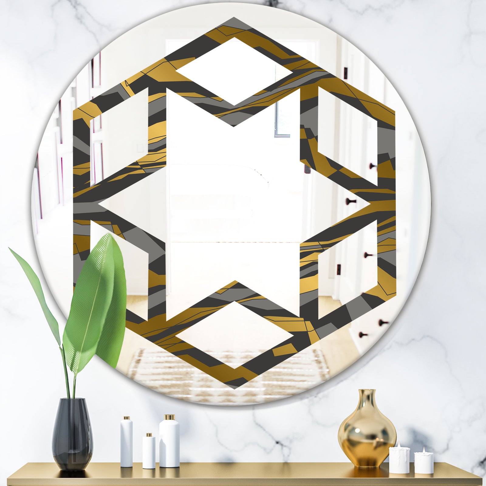 Angled lines and waves pattern - Modern Round or Oval Wall Mirror - Hexagon Star
