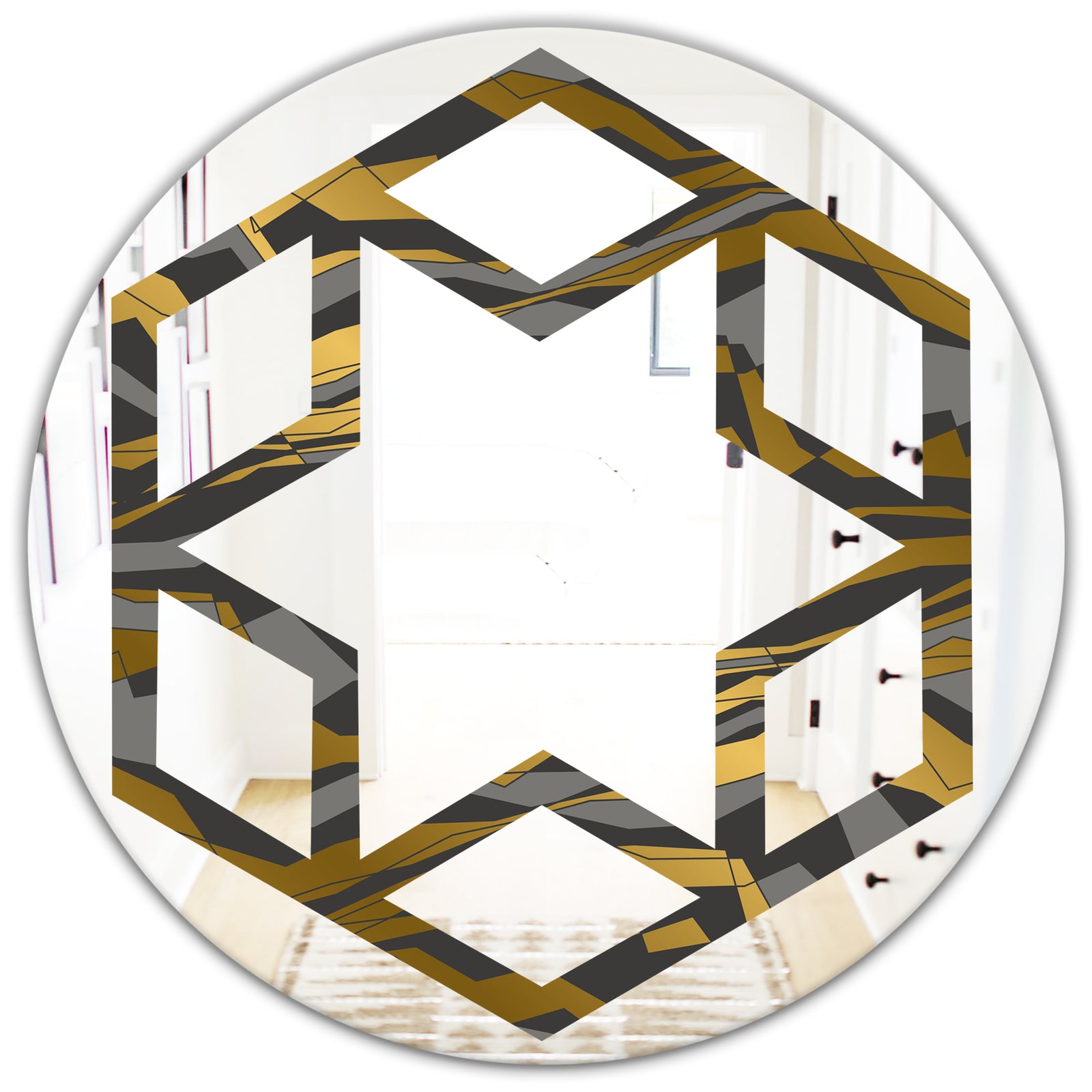 Angled lines and waves pattern - Modern Round or Oval Wall Mirror - Hexagon Star
