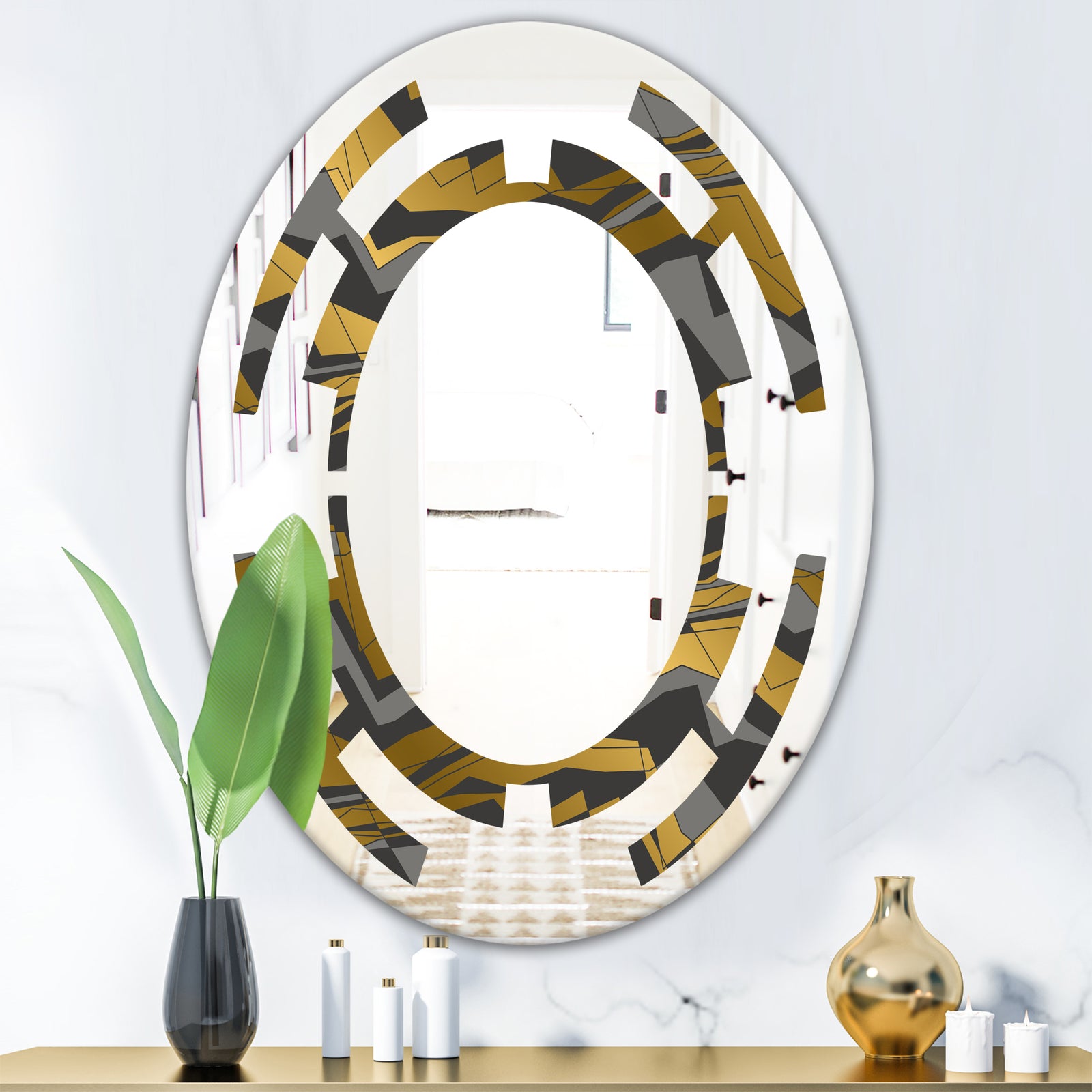 Angled lines and waves pattern - Modern Round or Oval Wall Mirror - Space