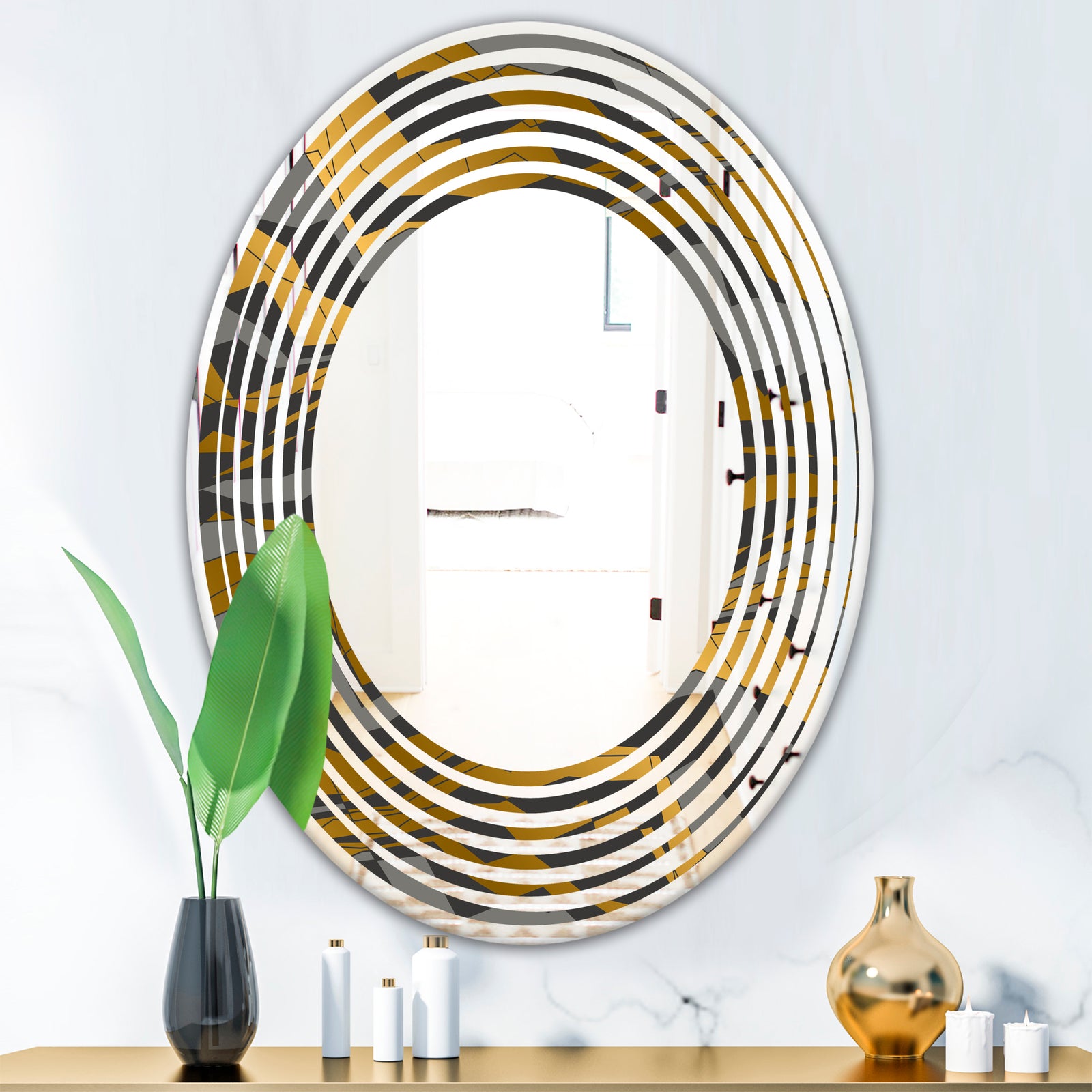 Angled lines and waves pattern - Modern Round or Oval Wall Mirror - Wave