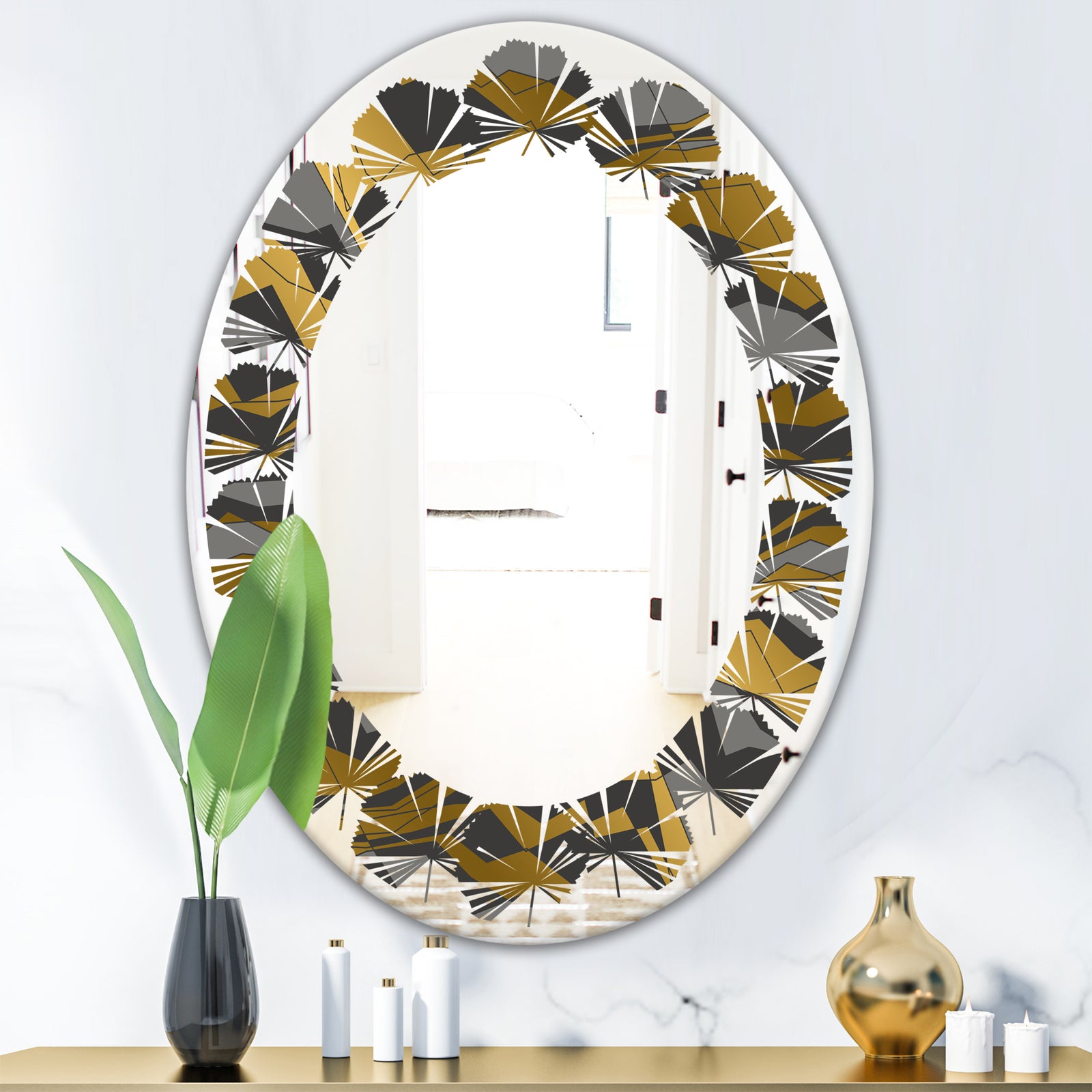 Angled lines and waves pattern - Modern Round or Oval Wall Mirror - Leaves