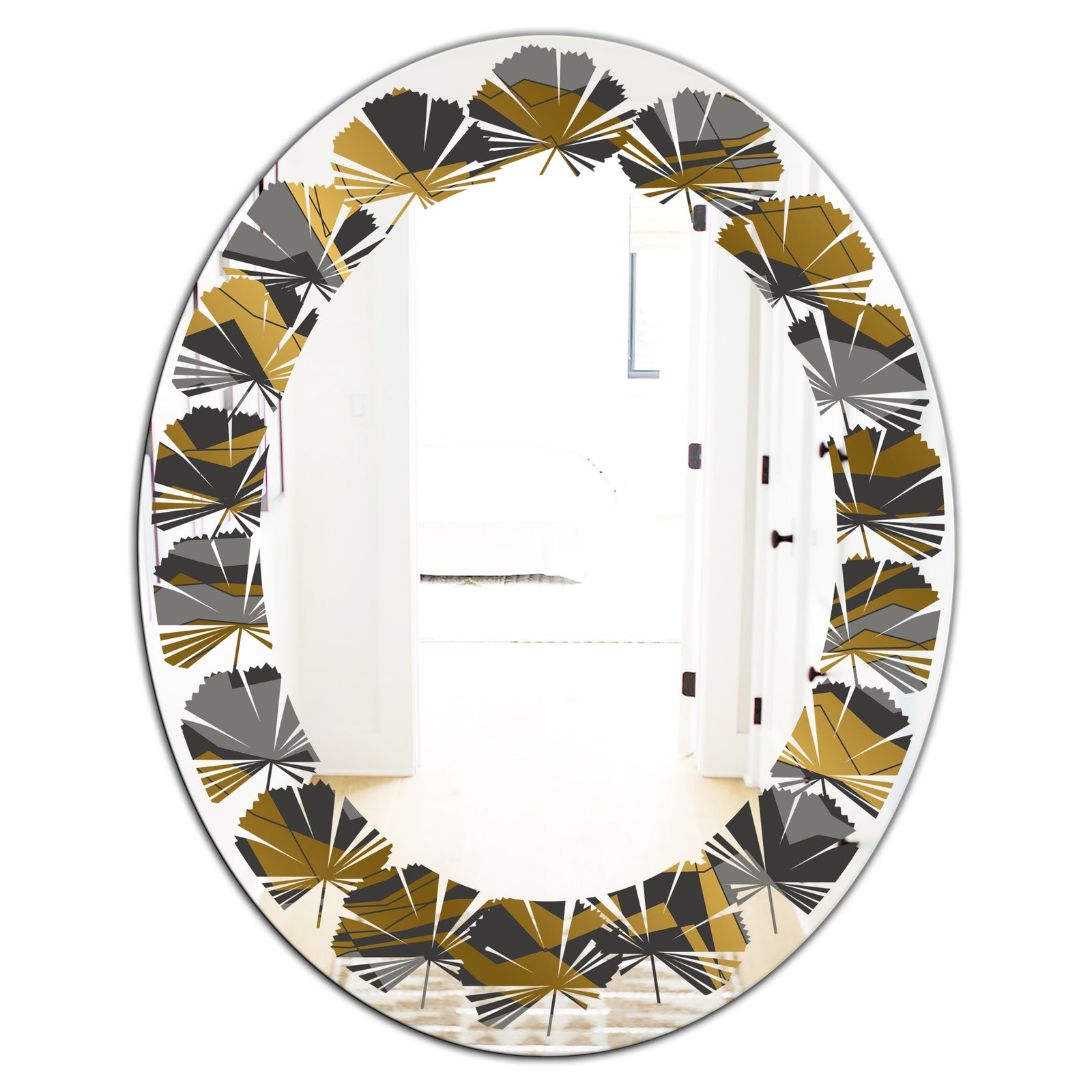 Angled lines and waves pattern - Modern Round or Oval Wall Mirror - Leaves