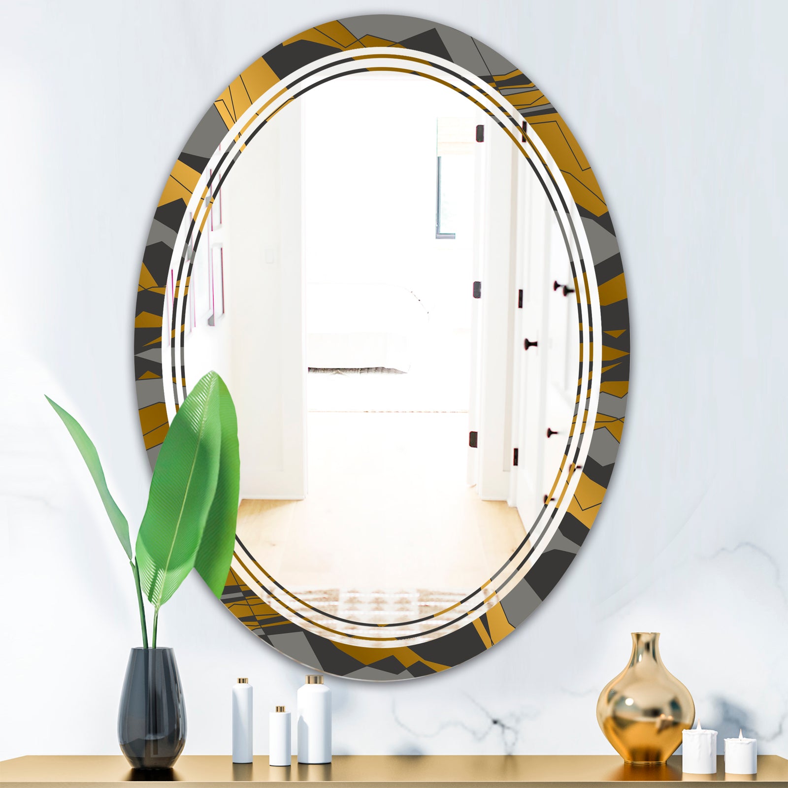 Angled lines and waves pattern - Modern Round or Oval Wall Mirror - Triple C