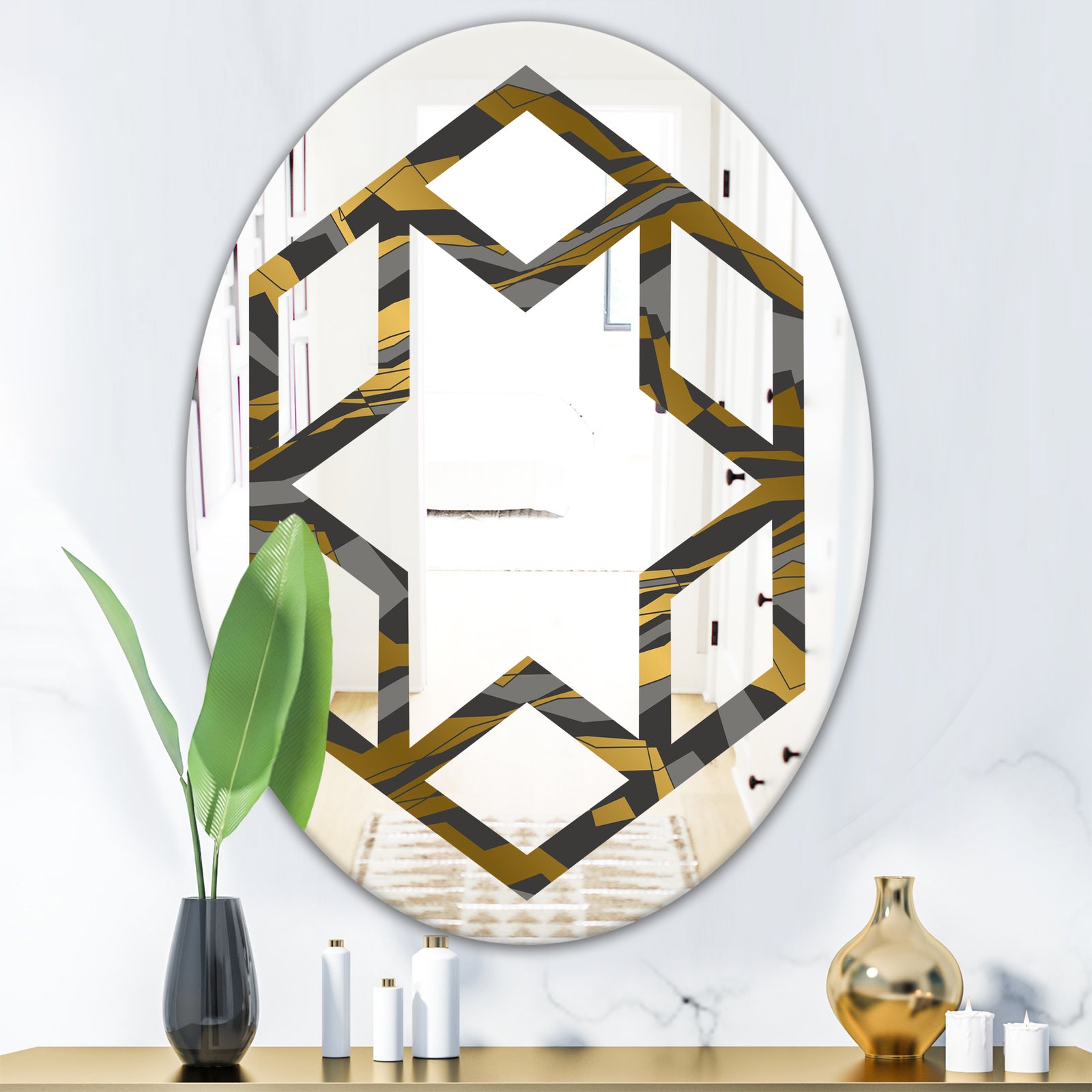 Angled lines and waves pattern - Modern Round or Oval Wall Mirror - Hexagon Star