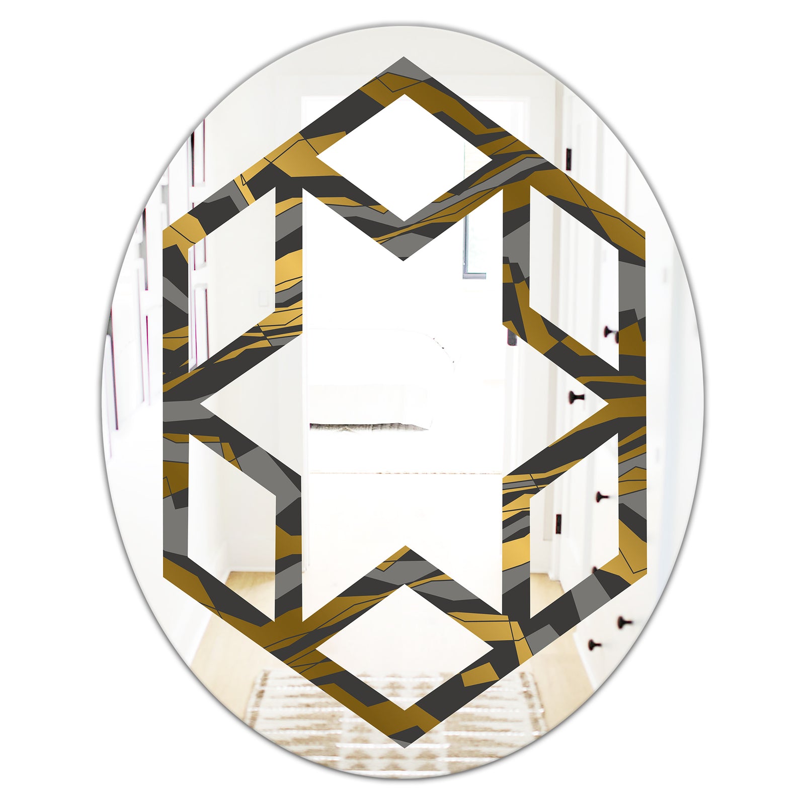 Angled lines and waves pattern - Modern Round or Oval Wall Mirror - Hexagon Star