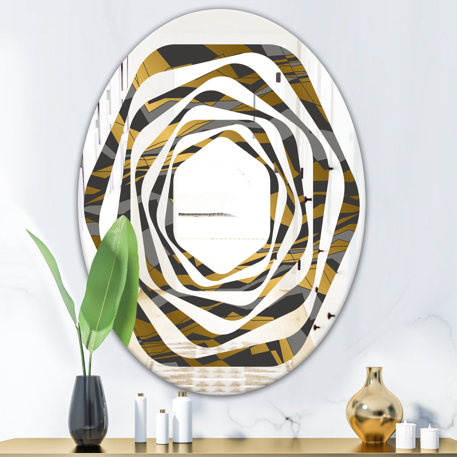 Angled lines and waves pattern - Modern Round or Oval Wall Mirror - Whirl