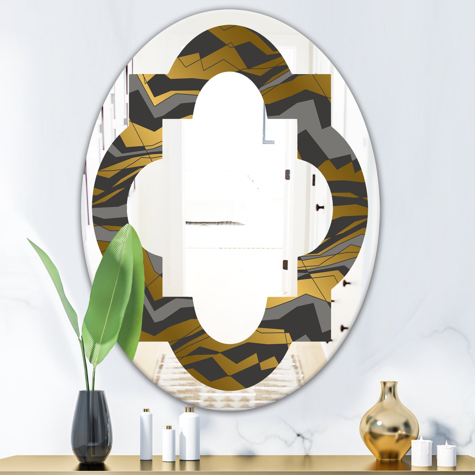 Angled lines and waves pattern - Modern Round or Oval Wall Mirror - Quatrefoil
