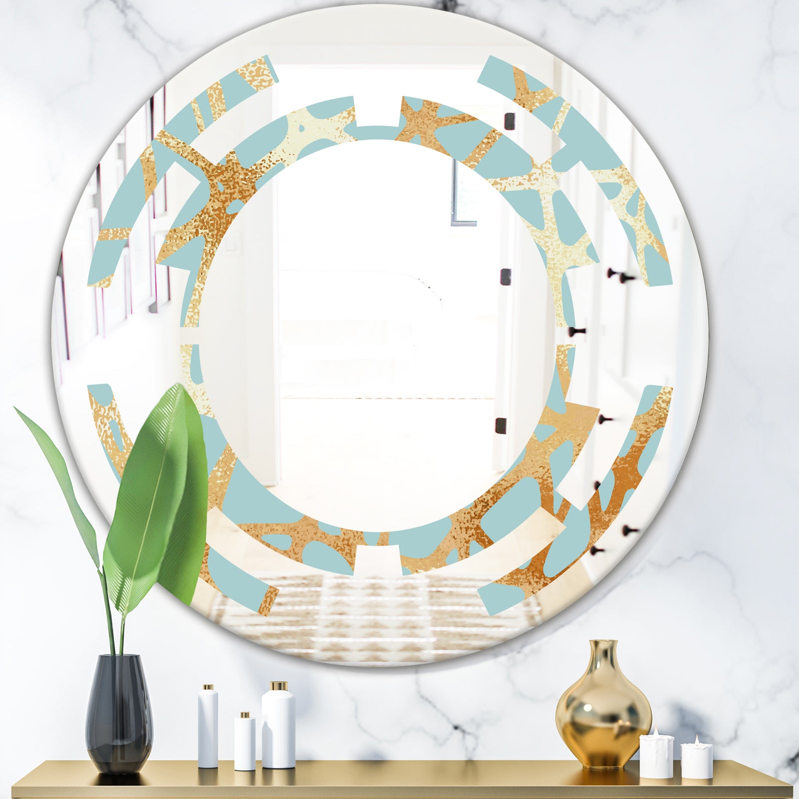 Golden Luxury Metallic Geometrics IV - Modern Round or Oval Wall Mirror - Space