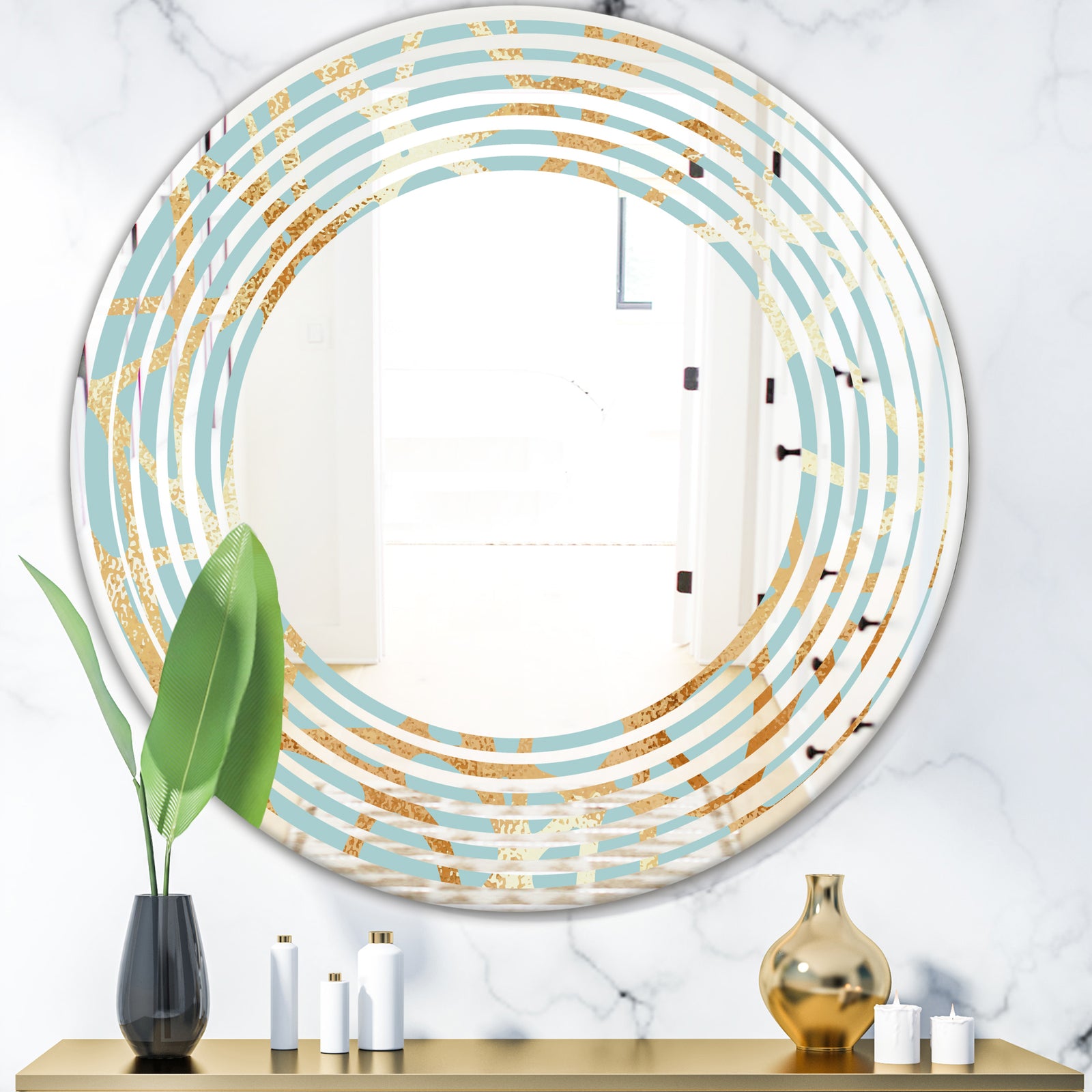 Golden Luxury Metallic Geometrics IV - Modern Round or Oval Wall Mirror - Wave