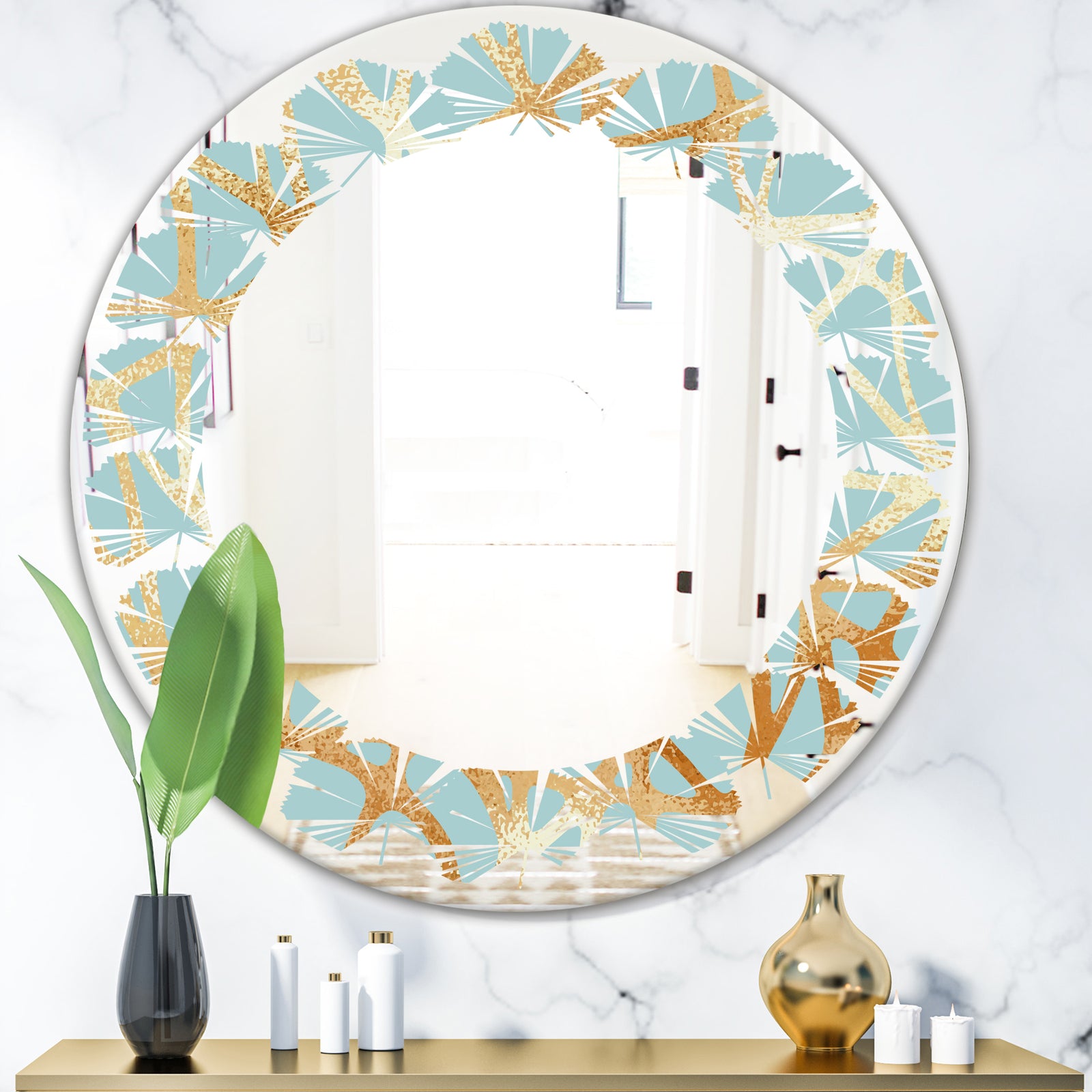 Golden Luxury Metallic Geometrics IV - Modern Round or Oval Wall Mirror - Leaves