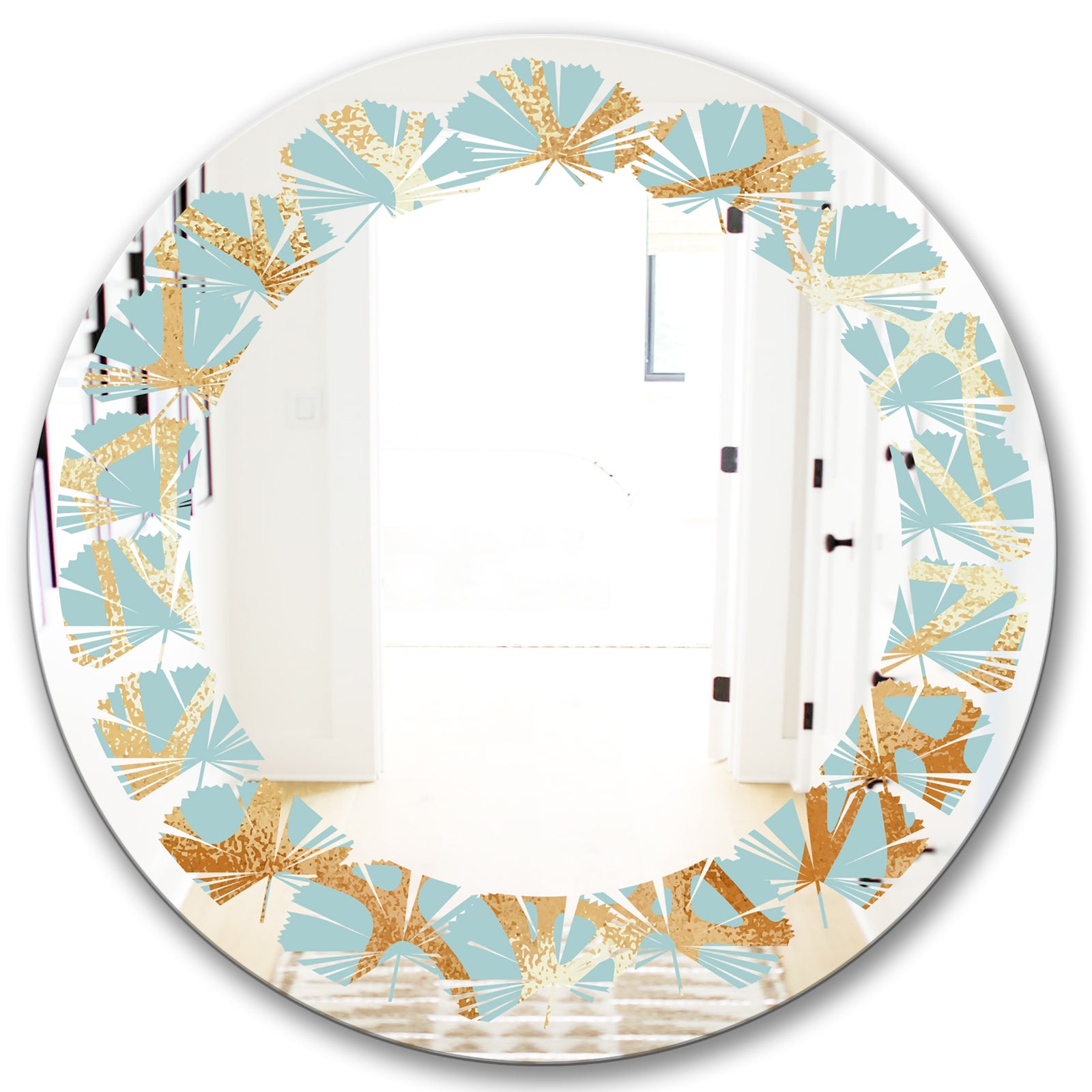 Golden Luxury Metallic Geometrics IV - Modern Round or Oval Wall Mirror - Leaves