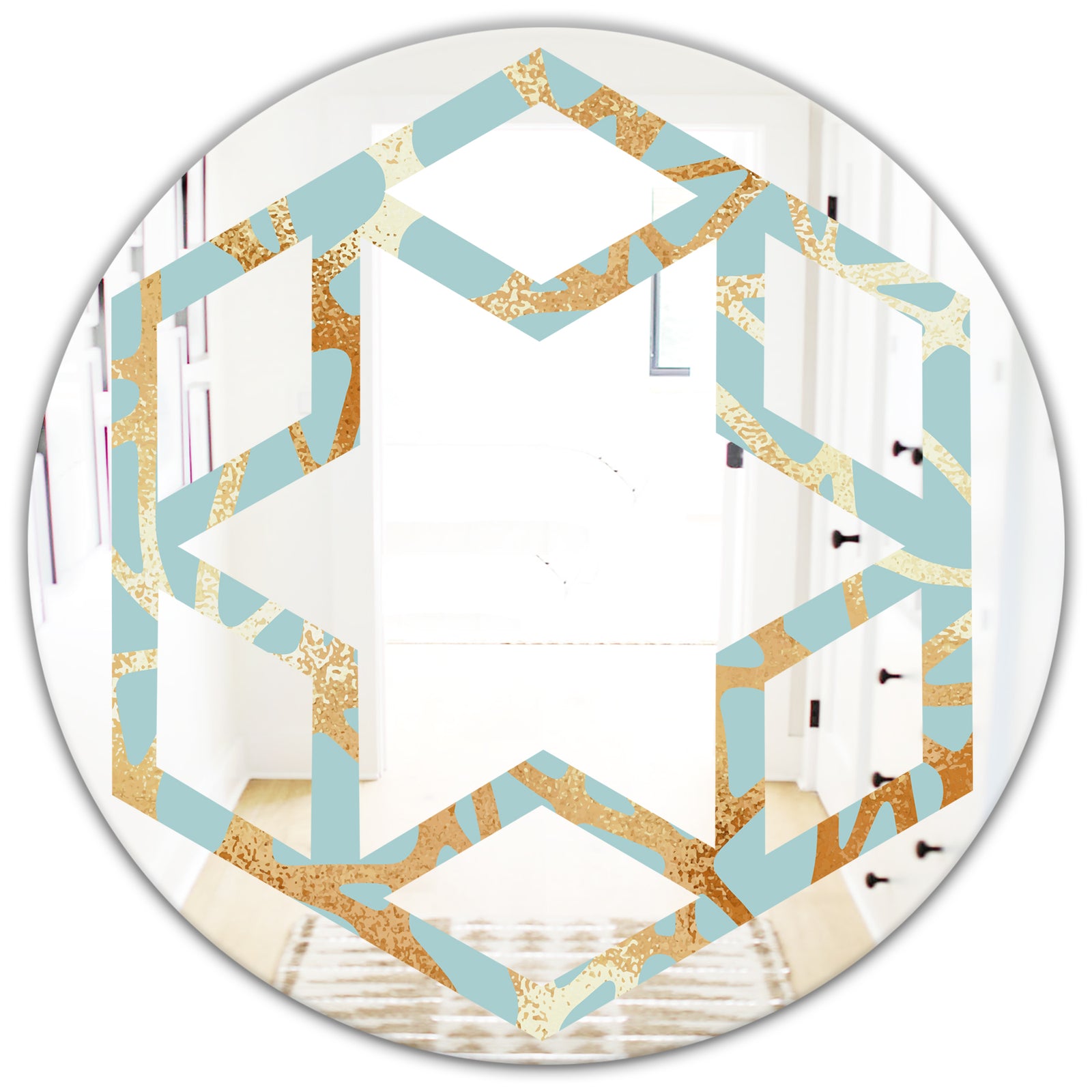 Golden Luxury Metallic Geometrics IV - Modern Round or Oval Wall Mirror - Hexagon Star