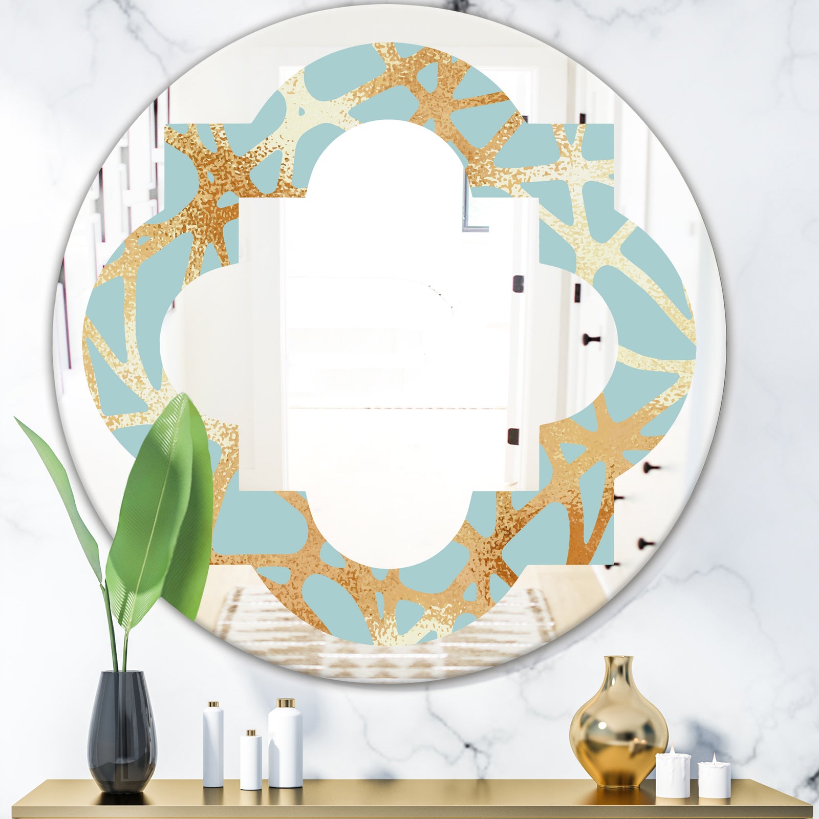 Golden Luxury Metallic Geometrics IV - Modern Round or Oval Wall Mirror - Quatrefoil