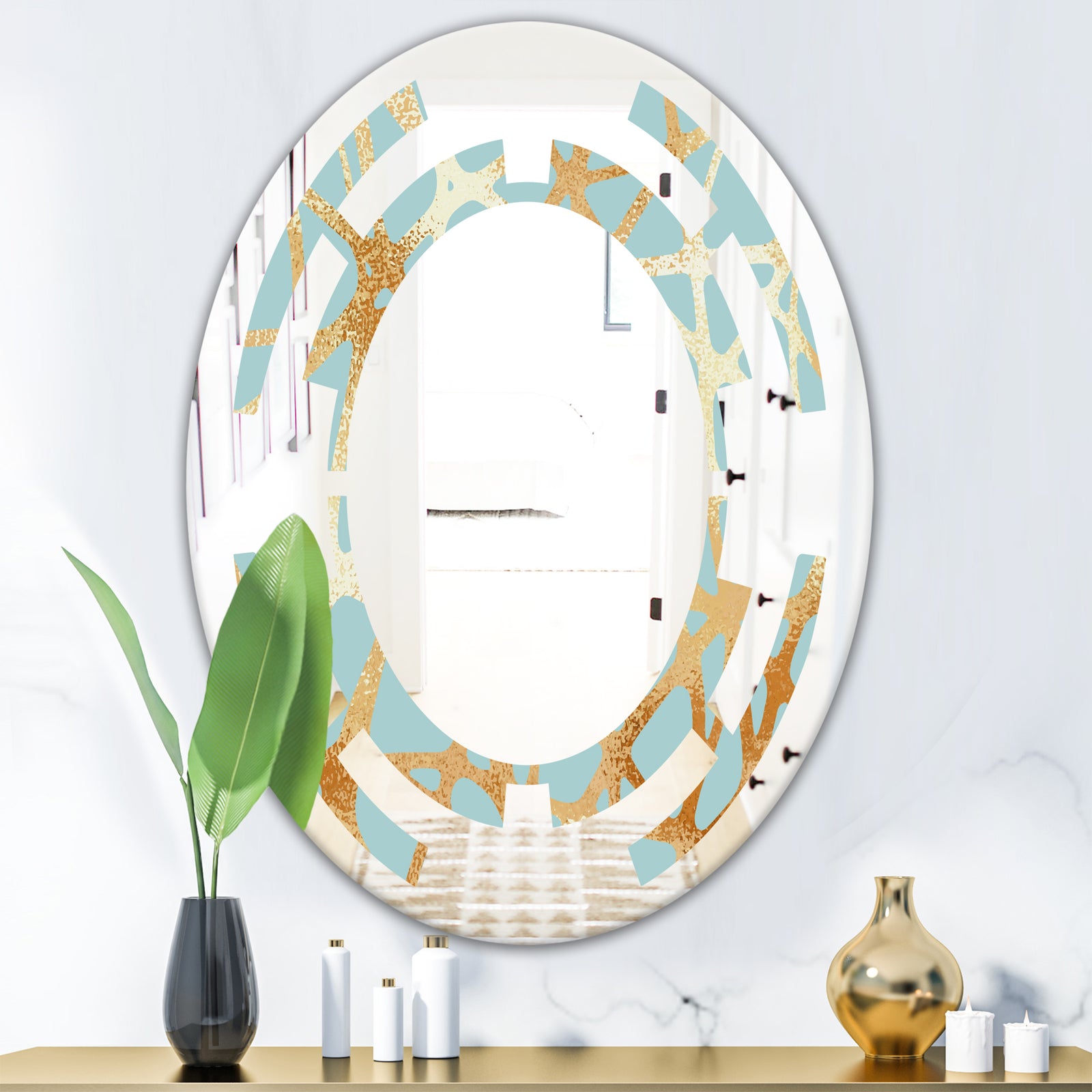 Golden Luxury Metallic Geometrics IV - Modern Round or Oval Wall Mirror - Space
