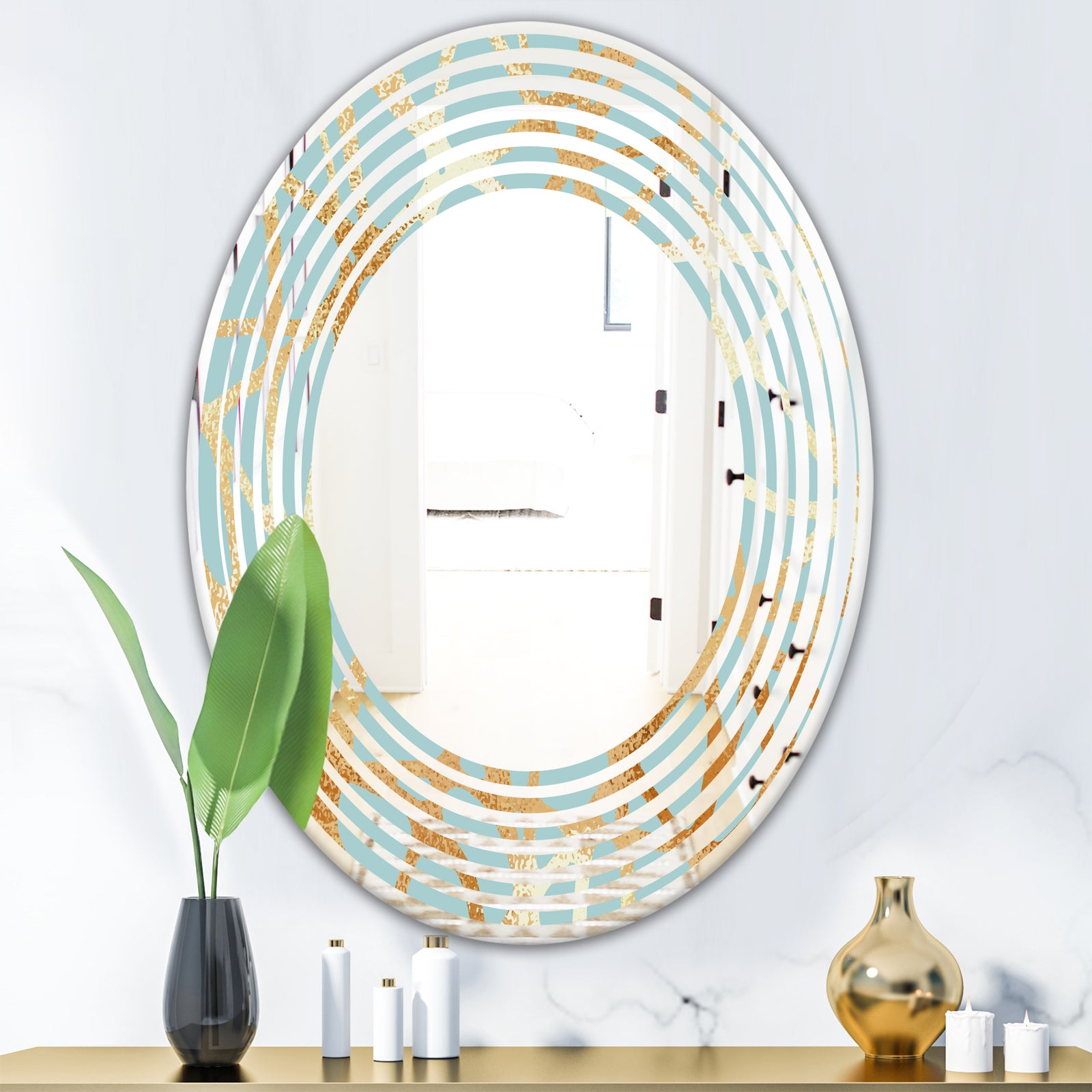 Golden Luxury Metallic Geometrics IV - Modern Round or Oval Wall Mirror - Wave