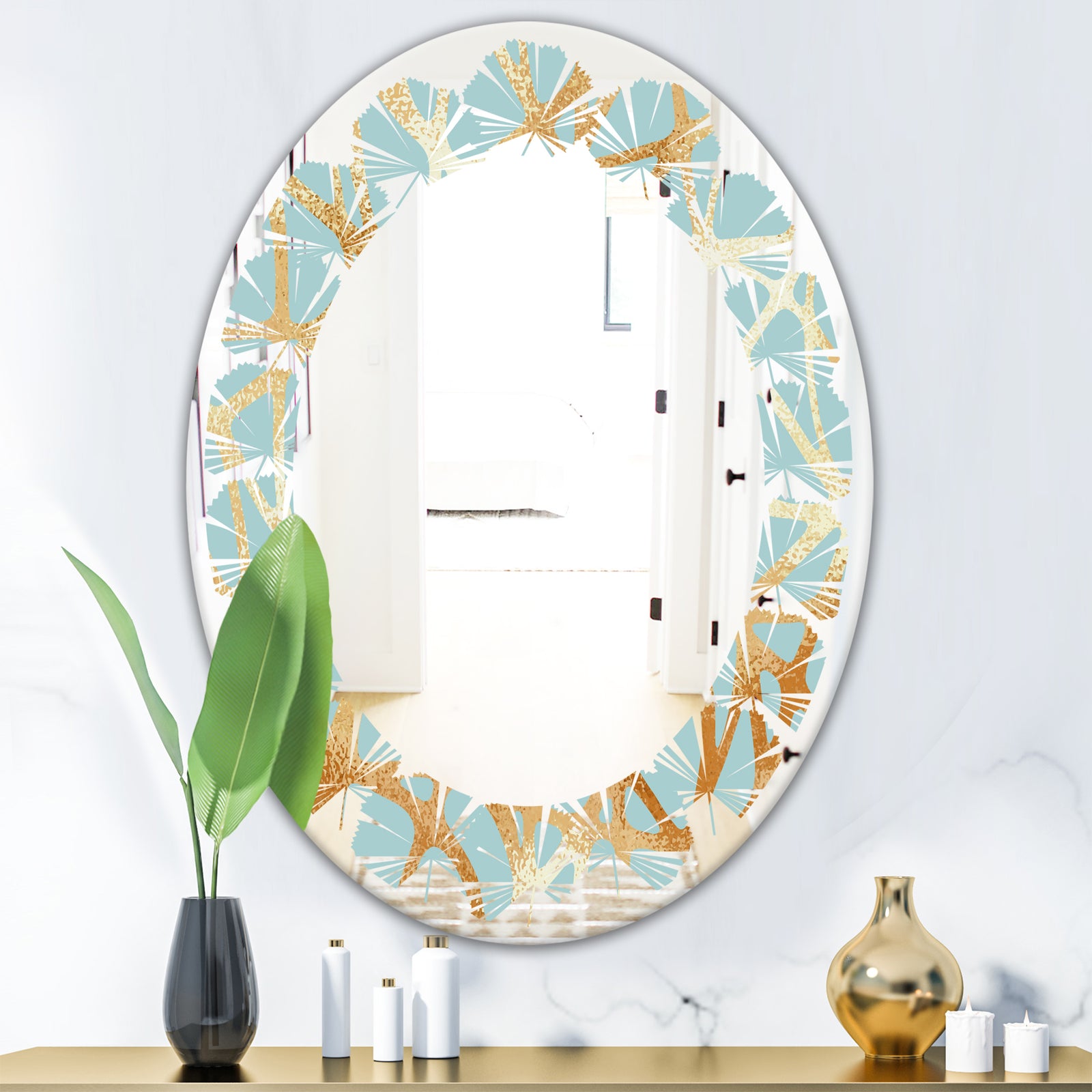Golden Luxury Metallic Geometrics IV - Modern Round or Oval Wall Mirror - Leaves