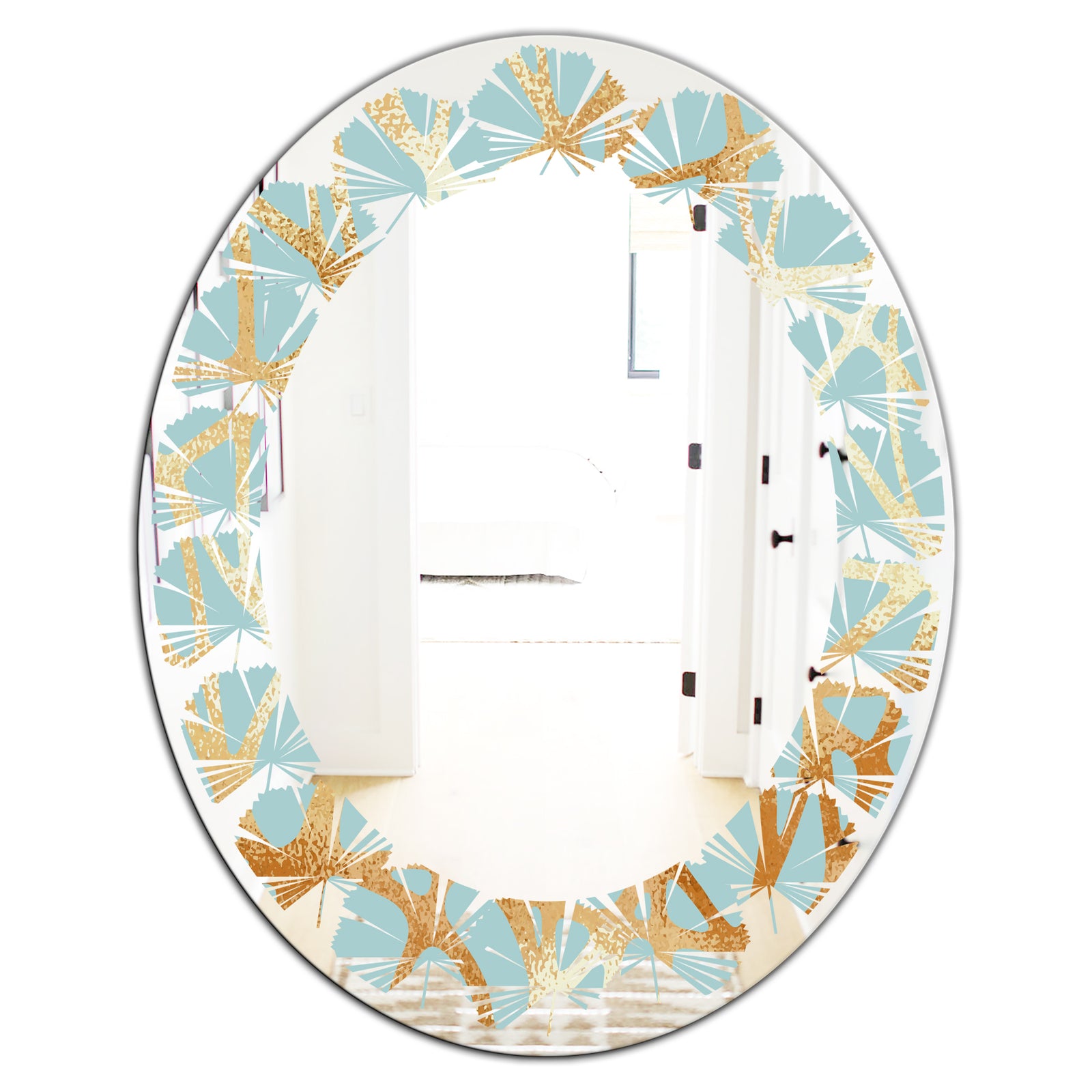 Golden Luxury Metallic Geometrics IV - Modern Round or Oval Wall Mirror - Leaves