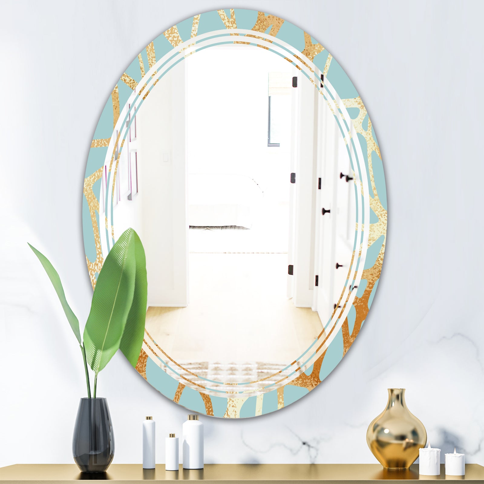 Golden Luxury Metallic Geometrics IV - Modern Round or Oval Wall Mirror - Triple C