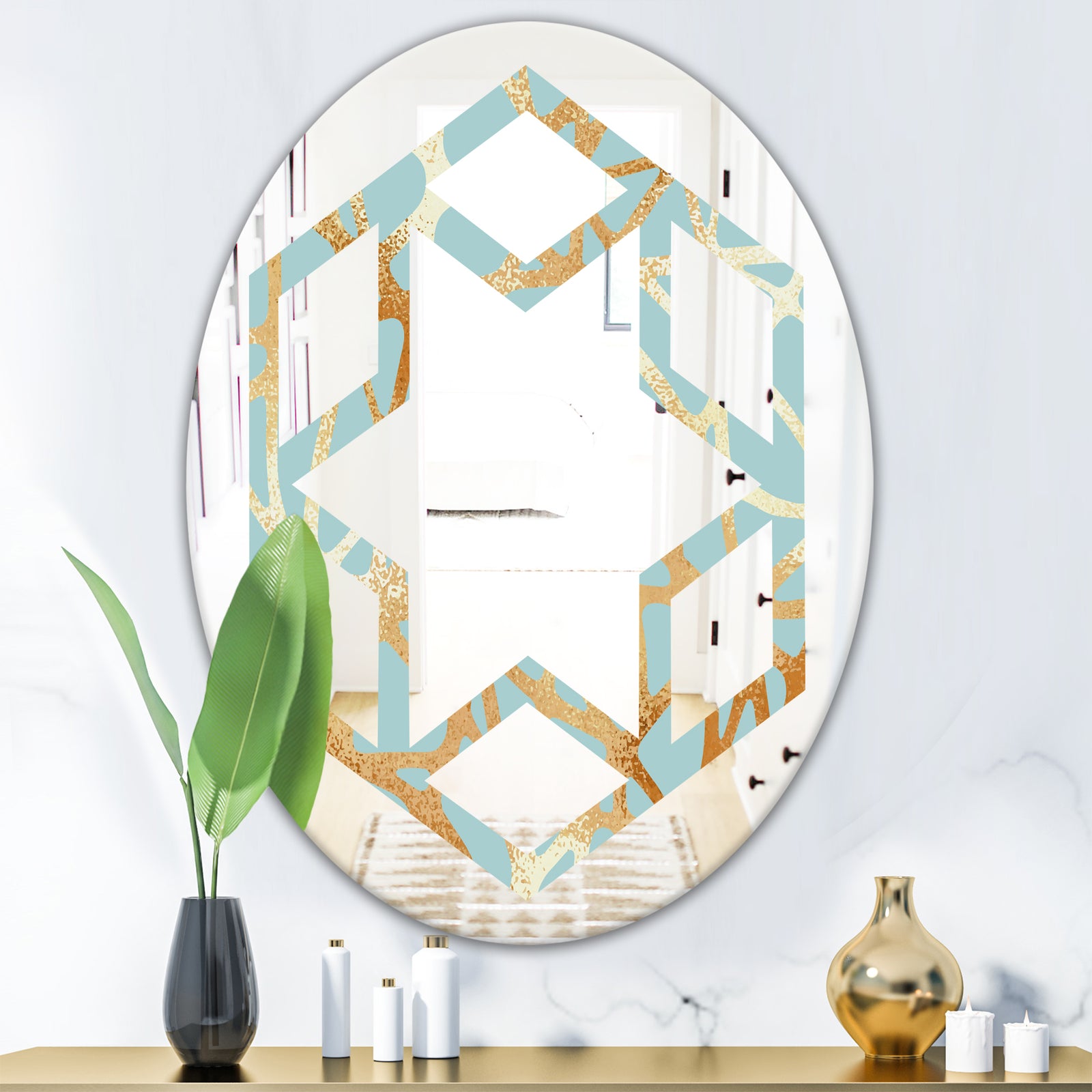 Golden Luxury Metallic Geometrics IV - Modern Round or Oval Wall Mirror - Hexagon Star