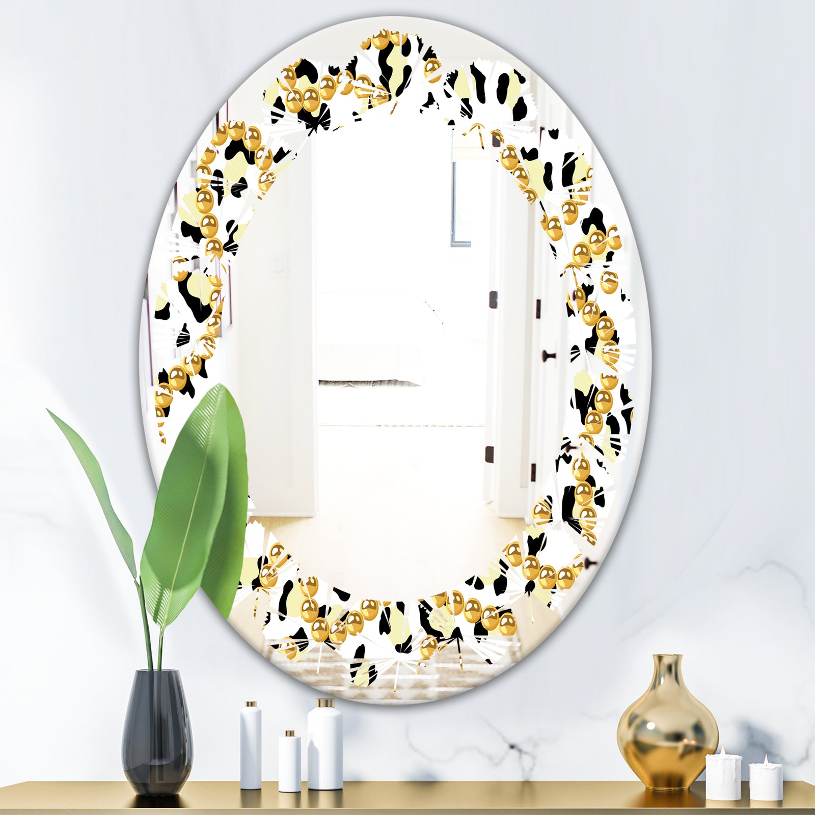 Leopard Fur Safari VI - Modern Round or Oval Wall Mirror - Leaves