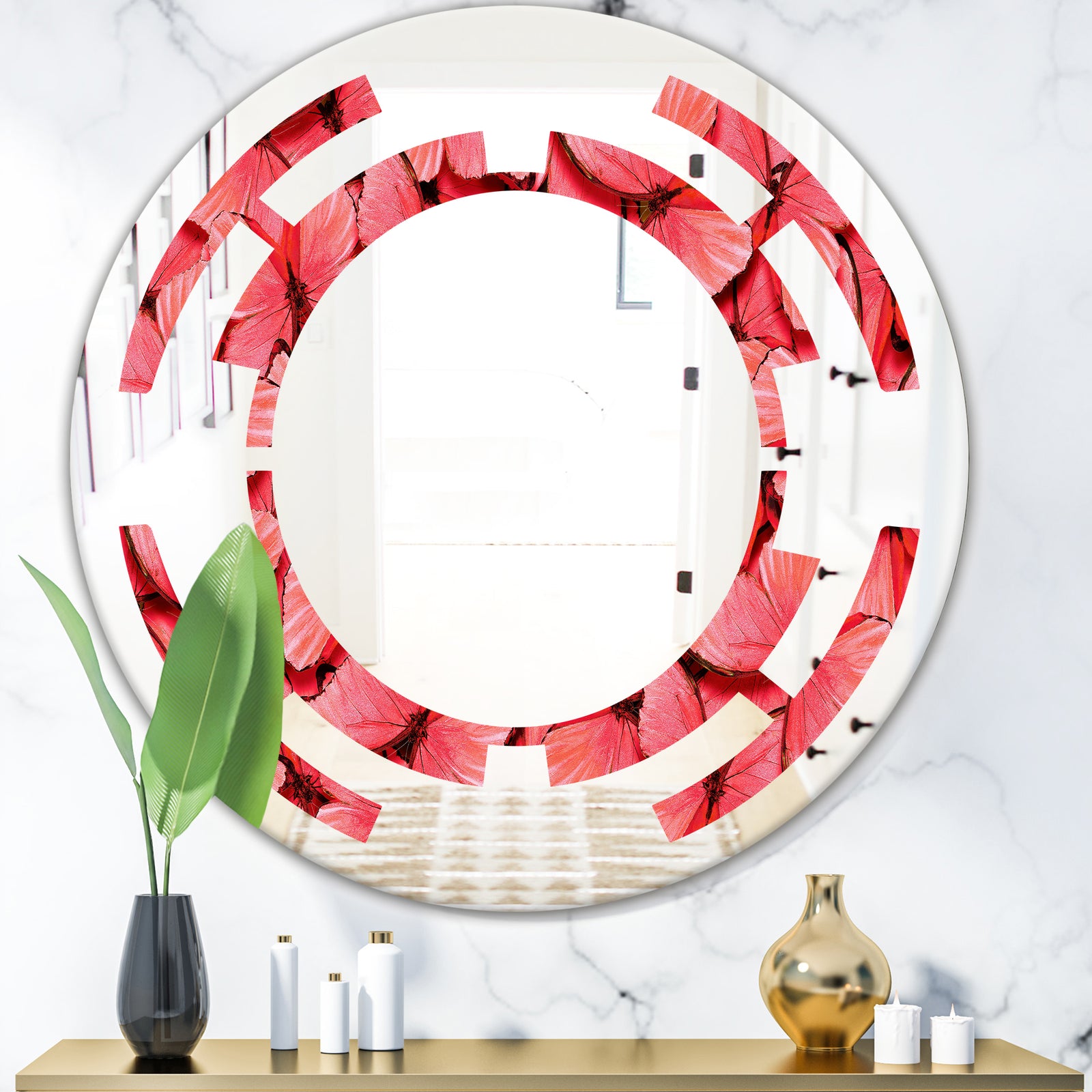 Coral Pink Butterflies - Modern Round or Oval Wall Mirror - Space