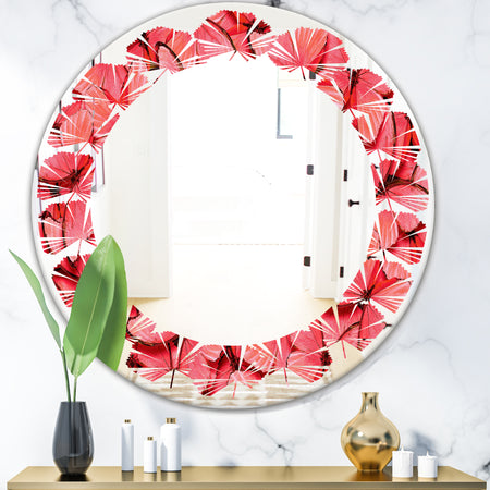 Coral Pink Butterflies - Modern Round or Oval Wall Mirror - Leaves