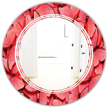 Coral Pink Butterflies - Modern Round or Oval Wall Mirror - Triple C