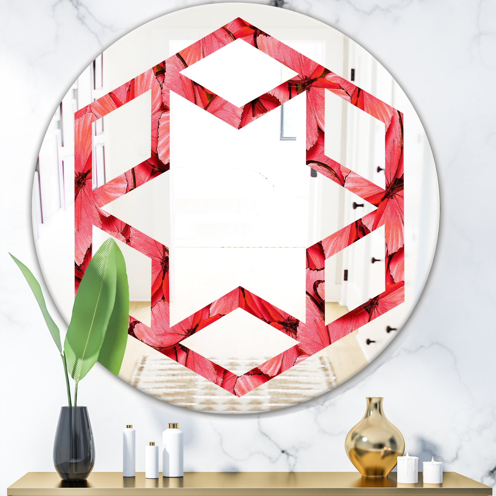 Coral Pink Butterflies - Modern Round or Oval Wall Mirror - Hexagon Star