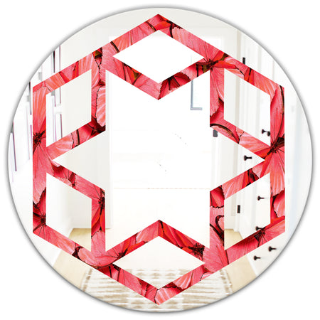 Coral Pink Butterflies - Modern Round or Oval Wall Mirror - Hexagon Star