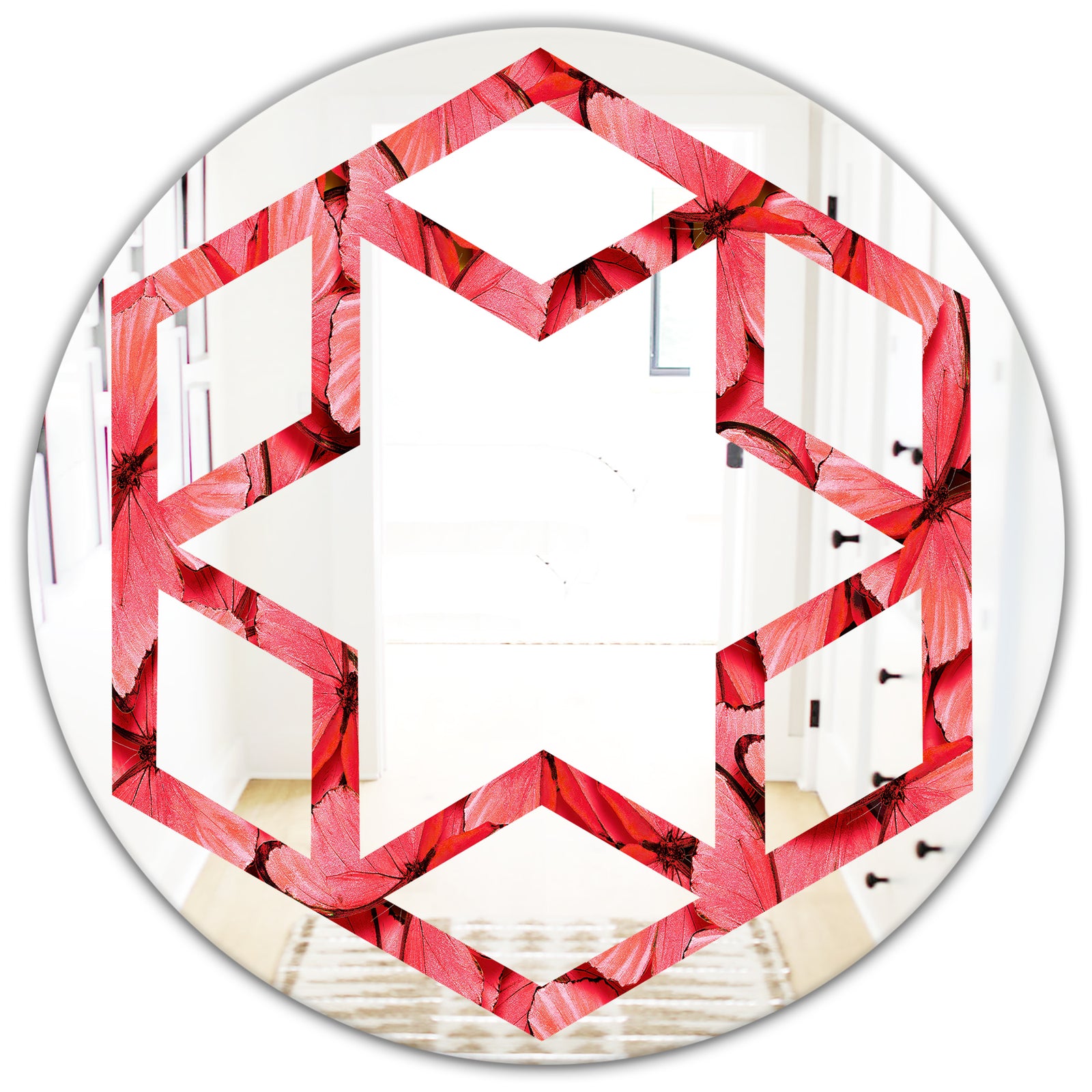 Coral Pink Butterflies - Modern Round or Oval Wall Mirror - Hexagon Star