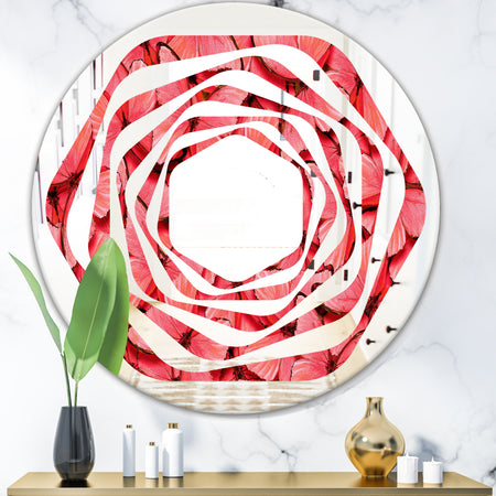 Coral Pink Butterflies - Modern Round or Oval Wall Mirror - Whirl