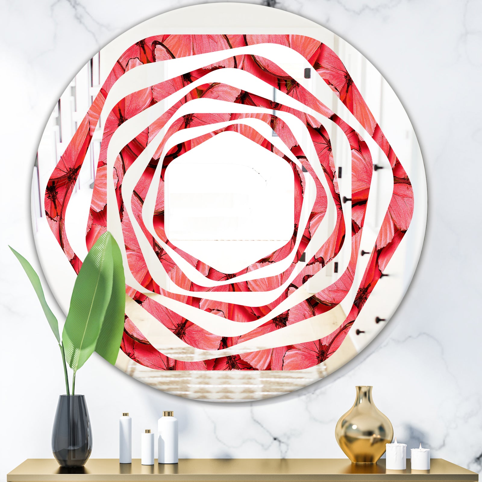 Coral Pink Butterflies - Modern Round or Oval Wall Mirror - Whirl