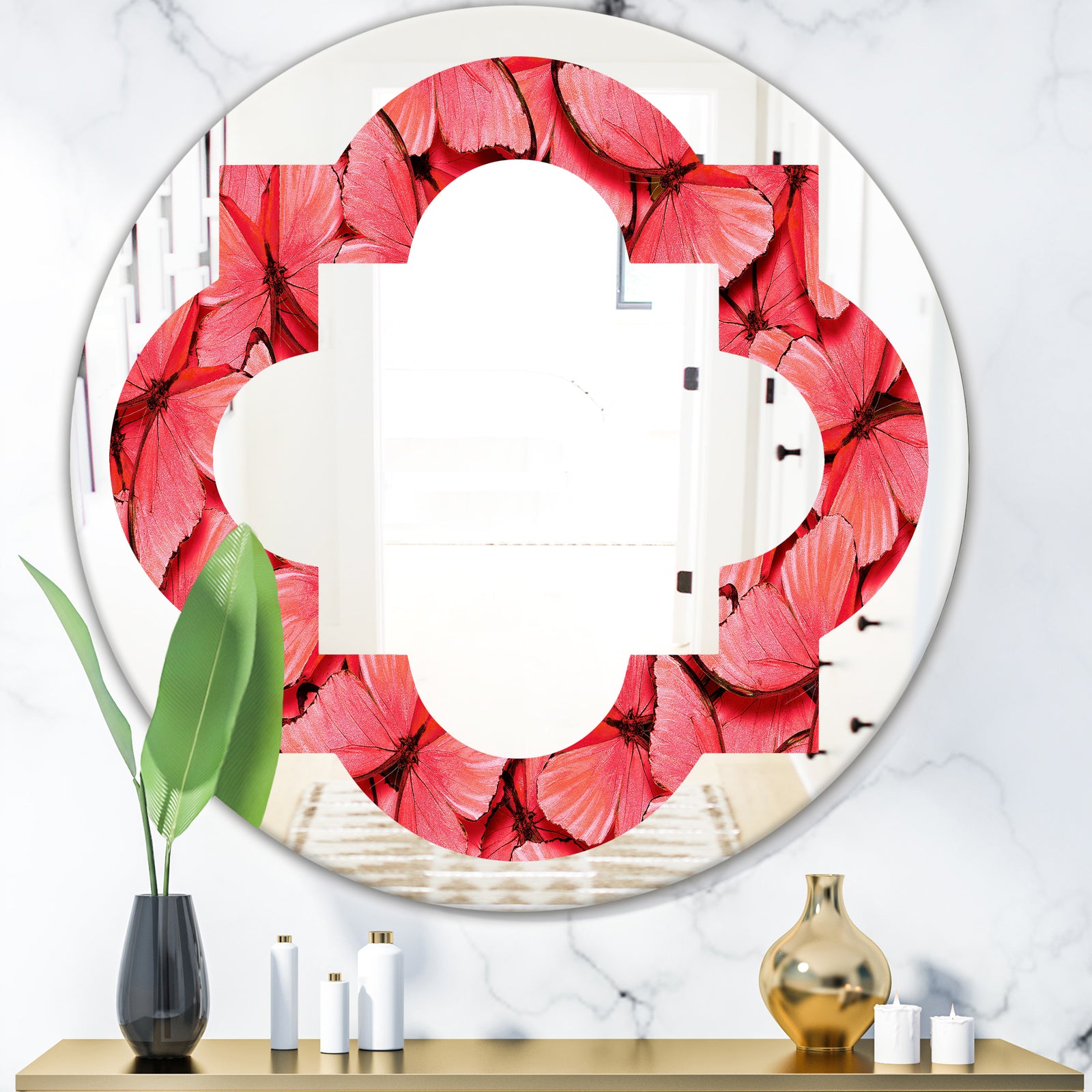 Coral Pink Butterflies - Modern Round or Oval Wall Mirror - Quatrefoil