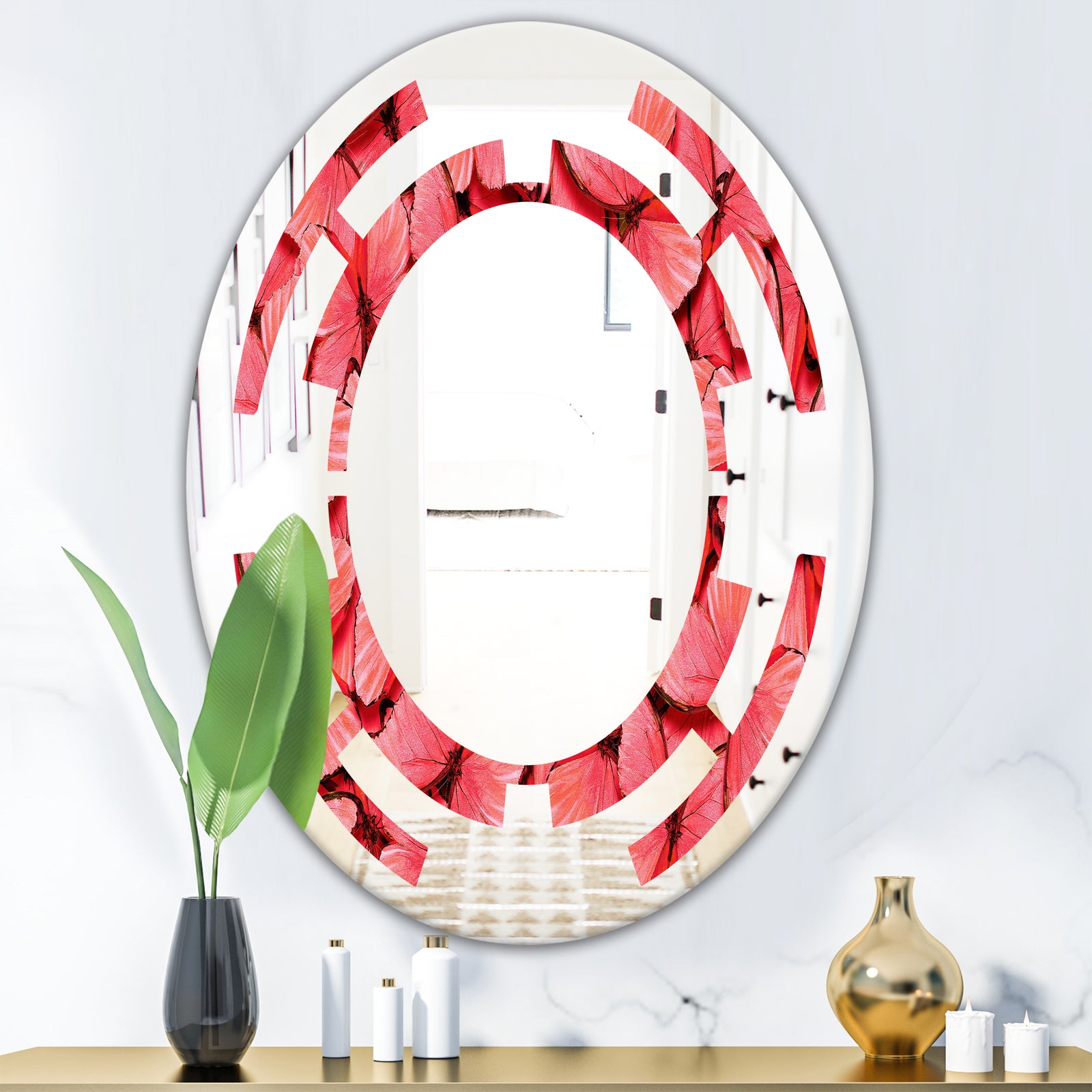 Coral Pink Butterflies - Modern Round or Oval Wall Mirror - Space